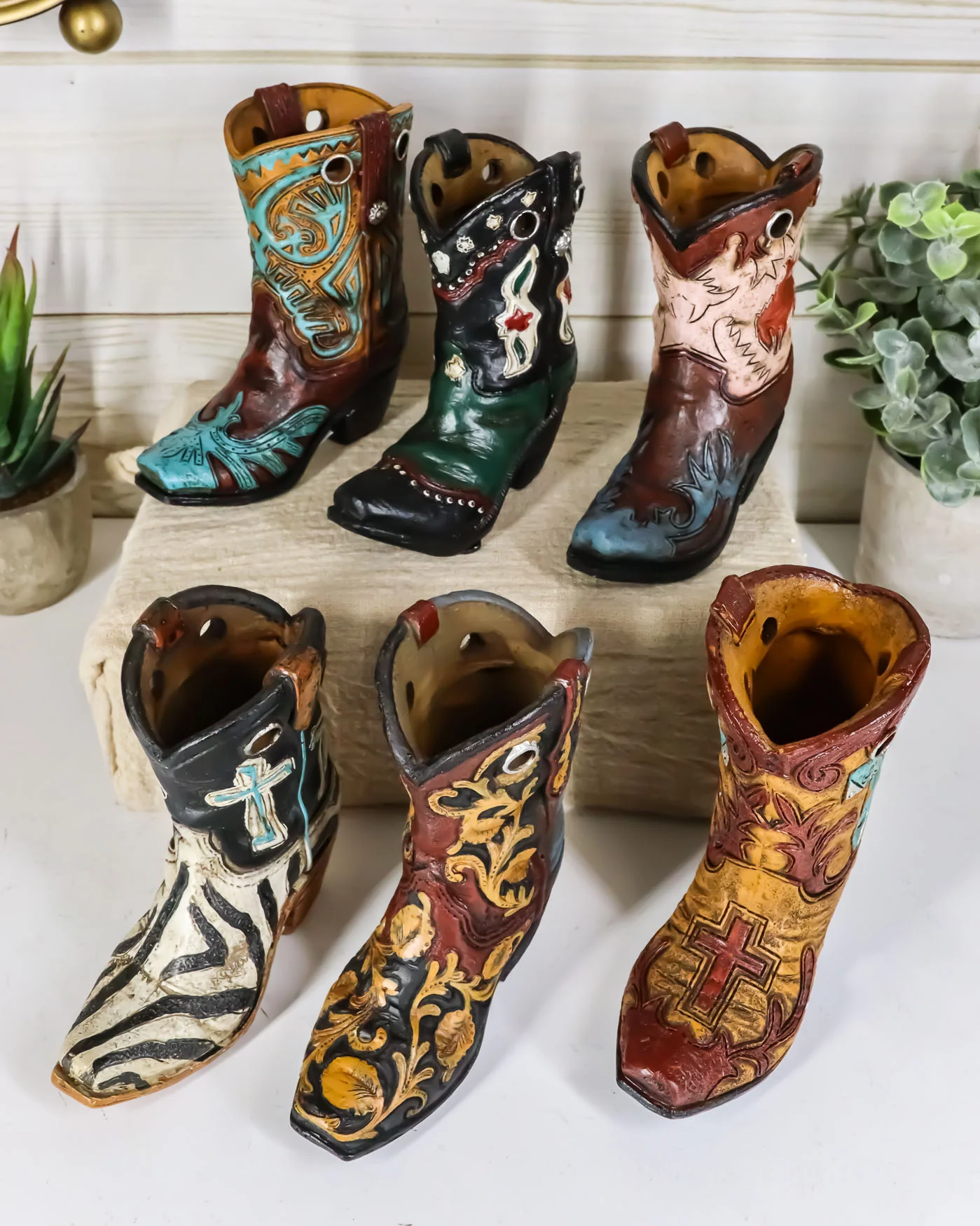 Rustic Western Crosses Tooled Leather Finish Mini Cowboy Boots Figurine Set Of 6 - Image 8