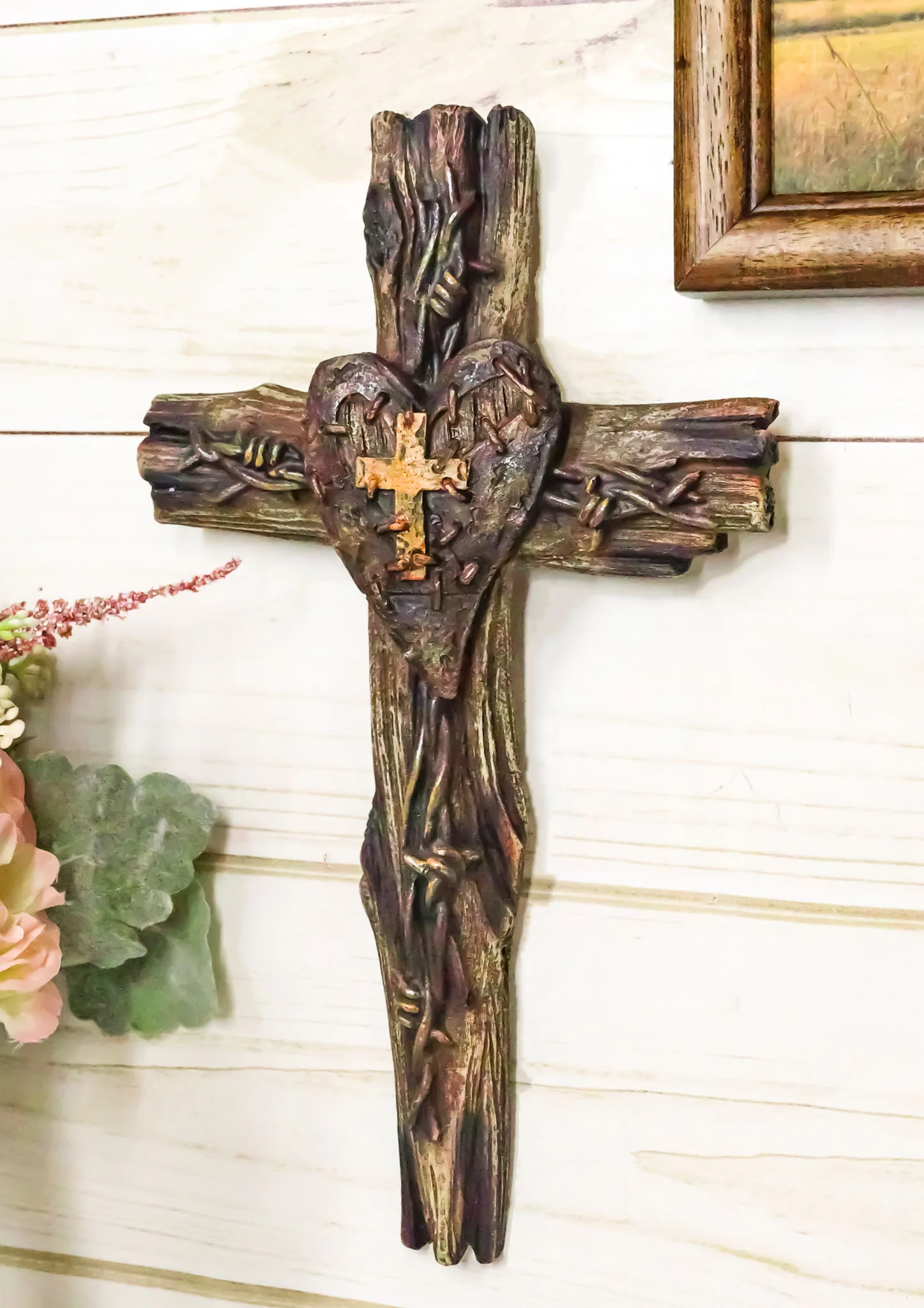 Rustic Western Distressed Faux Wooden Barbed Wires With Heart Plaque Wall Cross - Image 10