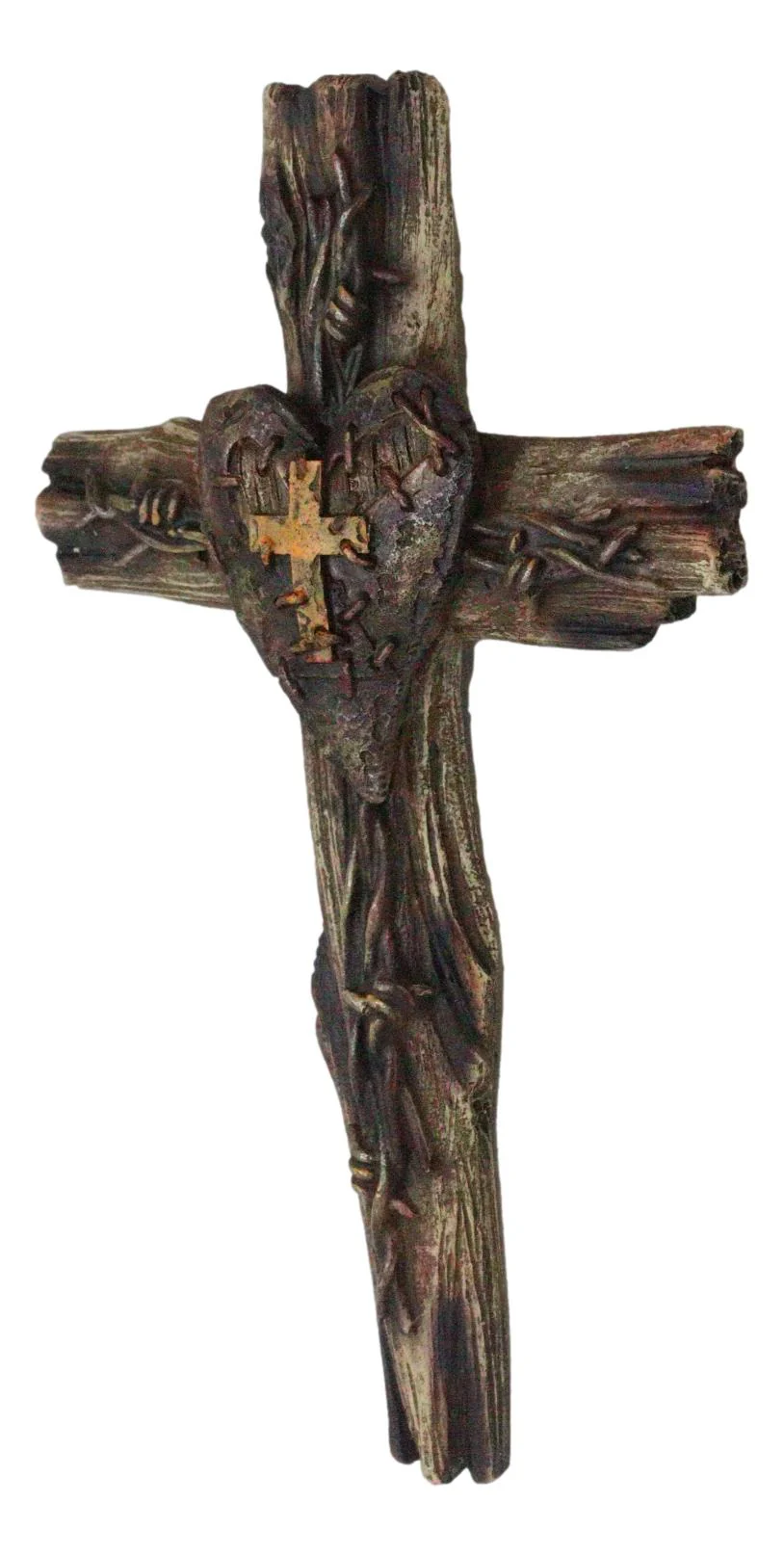 Rustic Western Distressed Faux Wooden Barbed Wires With Heart Plaque Wall Cross - Image 6