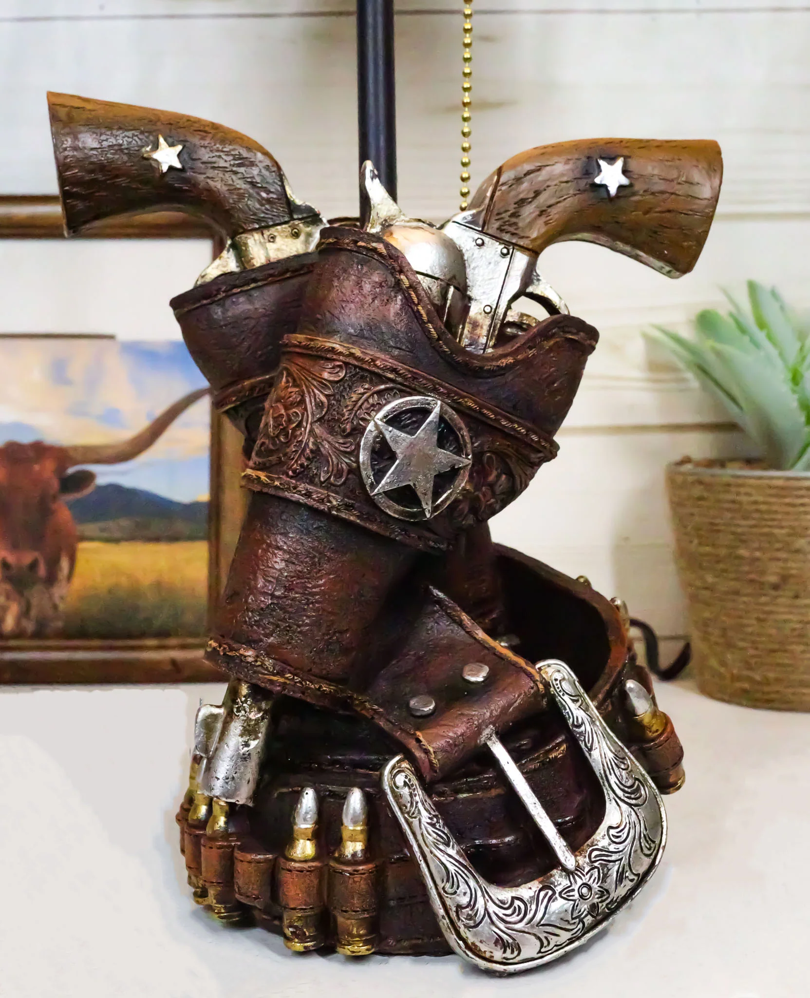 Rustic Western Double Six Shooter Gun Pistols In Holsters Cowboy Belt Table Lamp - Image 9