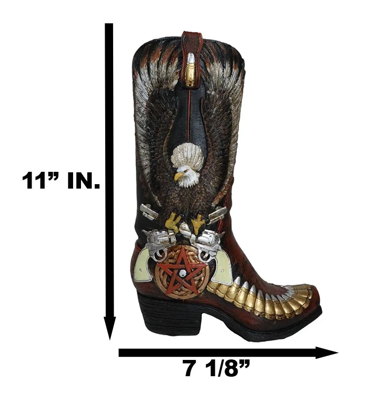 Rustic Western Eagle With Crossed Guns Star Bullets Boot Vase Planter Figurine - Image 2