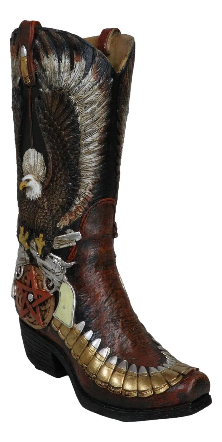 Rustic Western Eagle With Crossed Guns Star Bullets Boot Vase Planter Figurine - Image 7