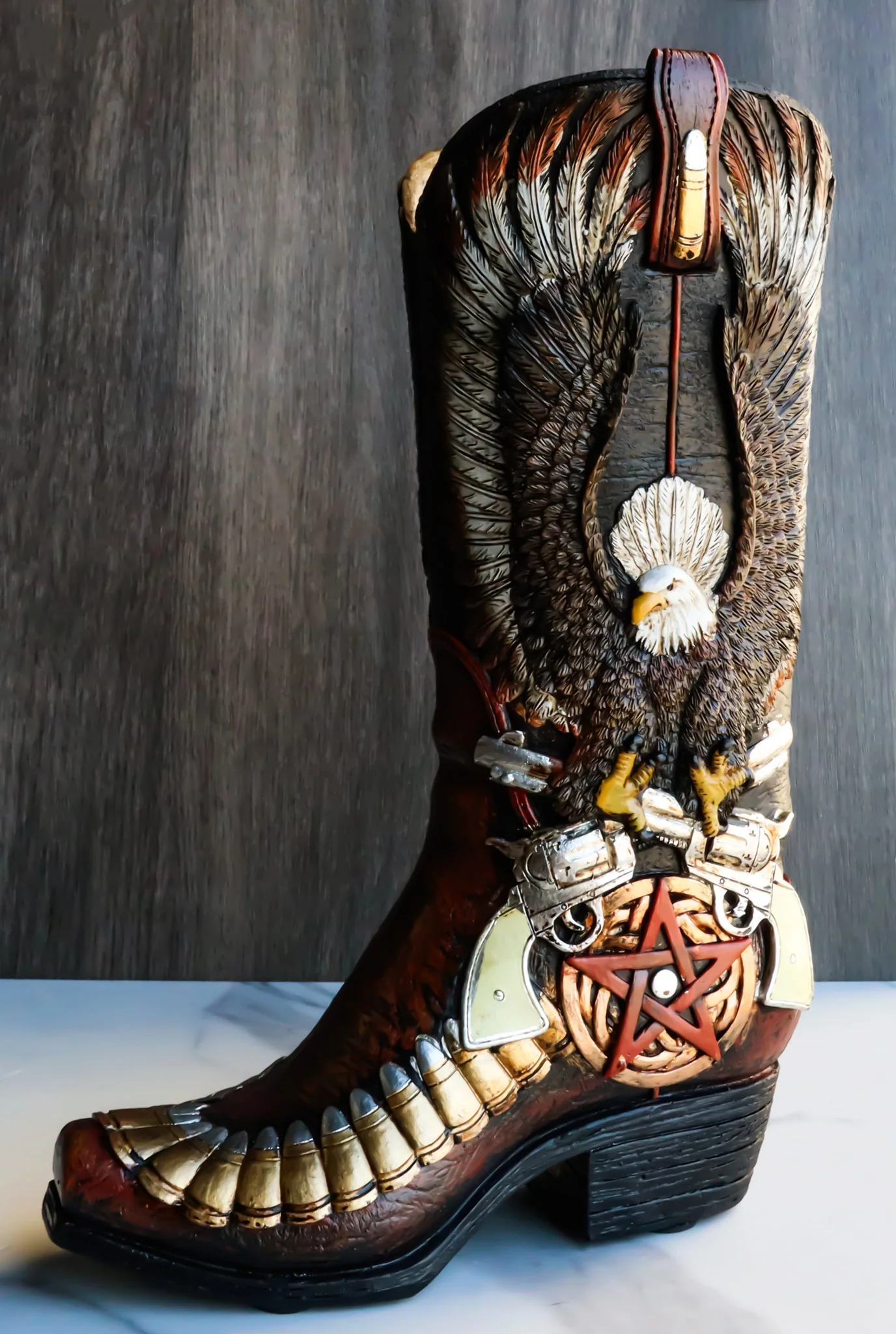 Rustic Western Eagle With Crossed Guns Star Bullets Boot Vase Planter Figurine - Image 9