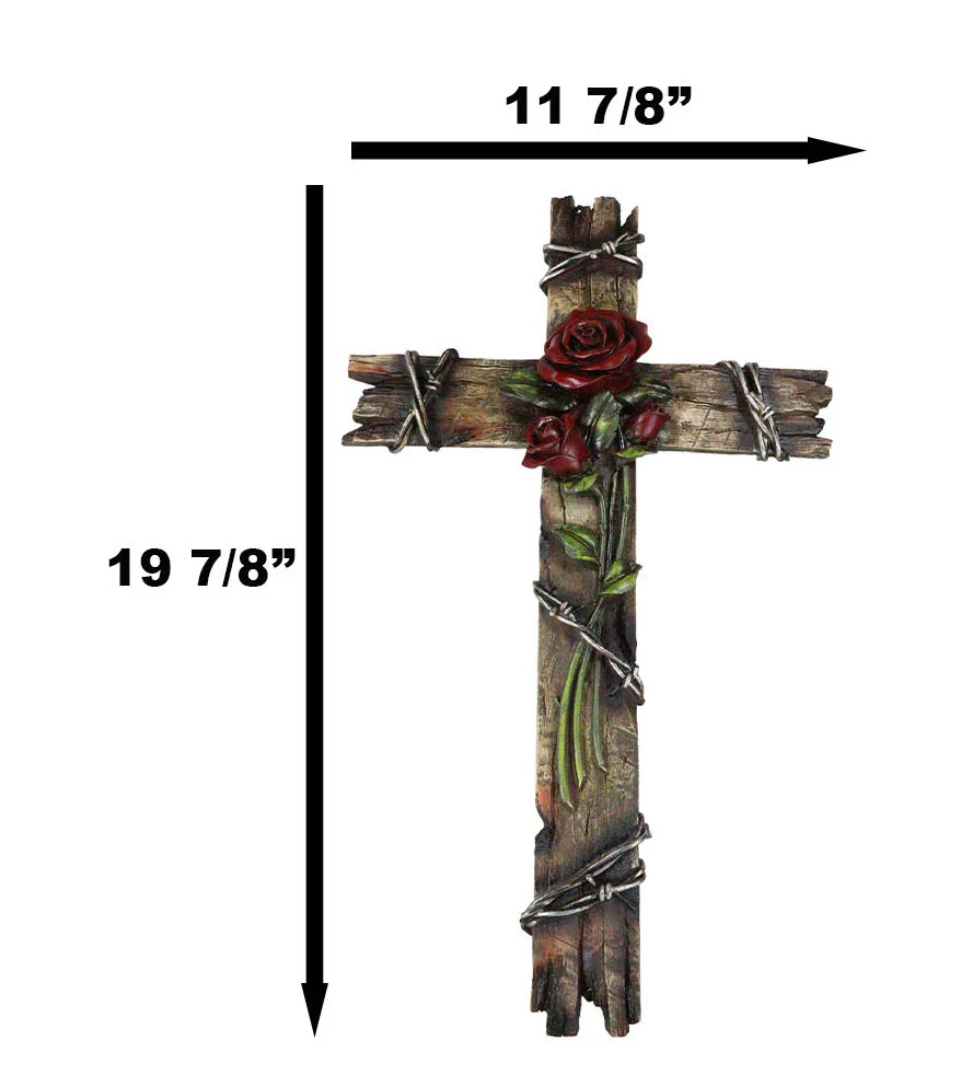 Rustic Western Faux Wooden Valentine Love Red Roses With Barbed Wires Wall Cross - Image 2