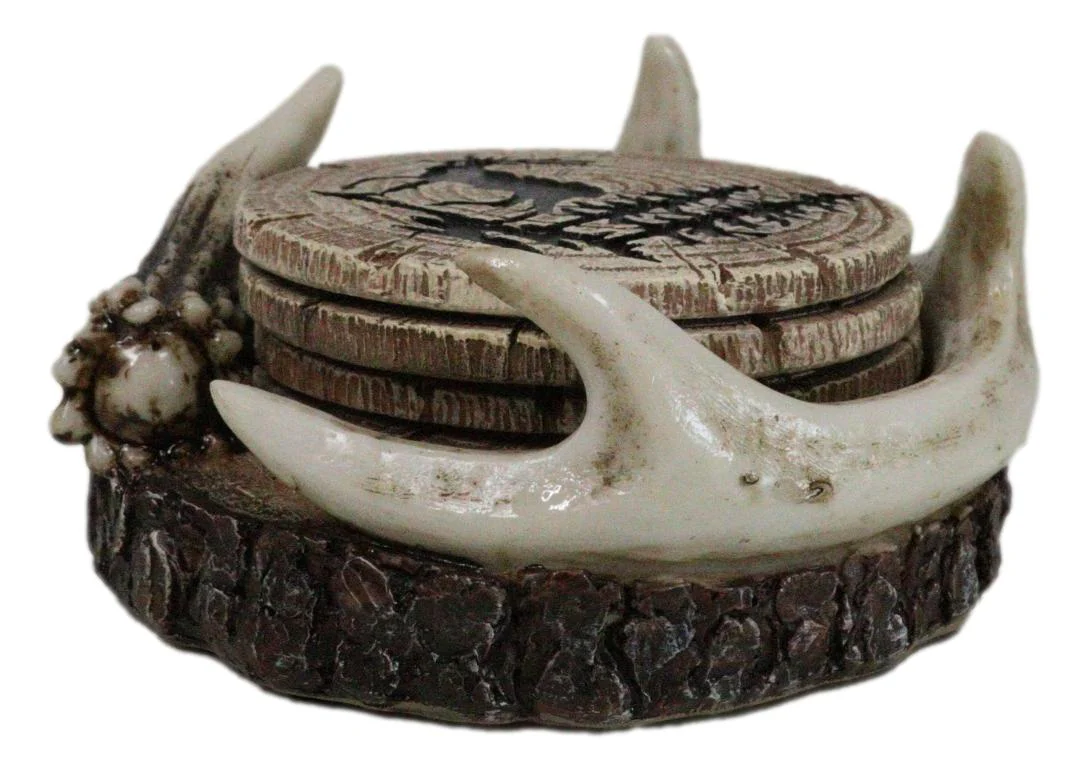 Rustic Western Forest Deer Antlers With Tree Rings Coasters And Holder Set - Image 4