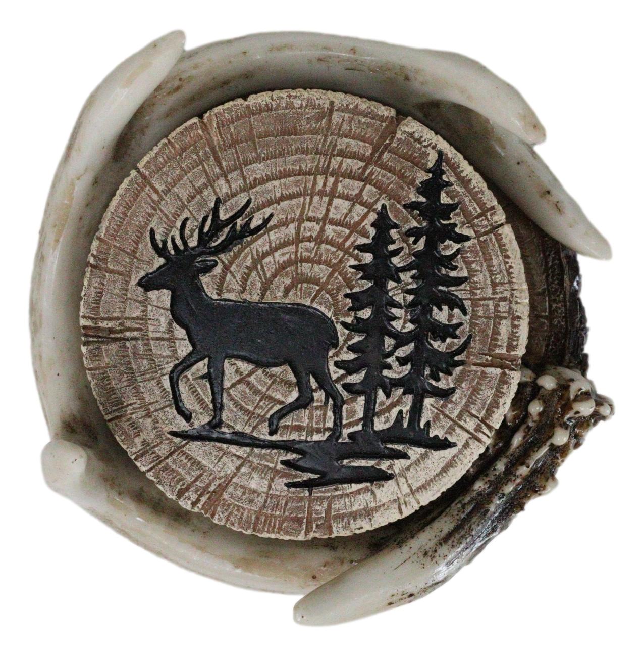 Rustic Western Forest Deer Antlers With Tree Rings Coasters And Holder Set - Image 6