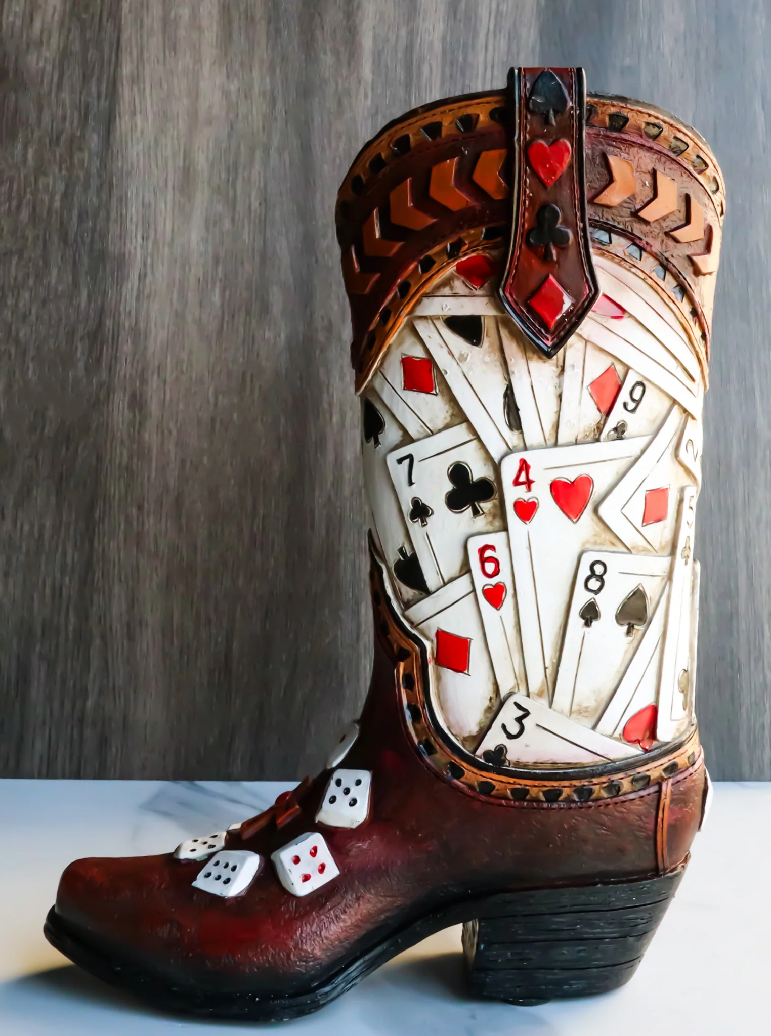 Rustic Western Gambler Casino Poker Cards Dice Cowboy Boot Vase Planter Figurine - Image 9