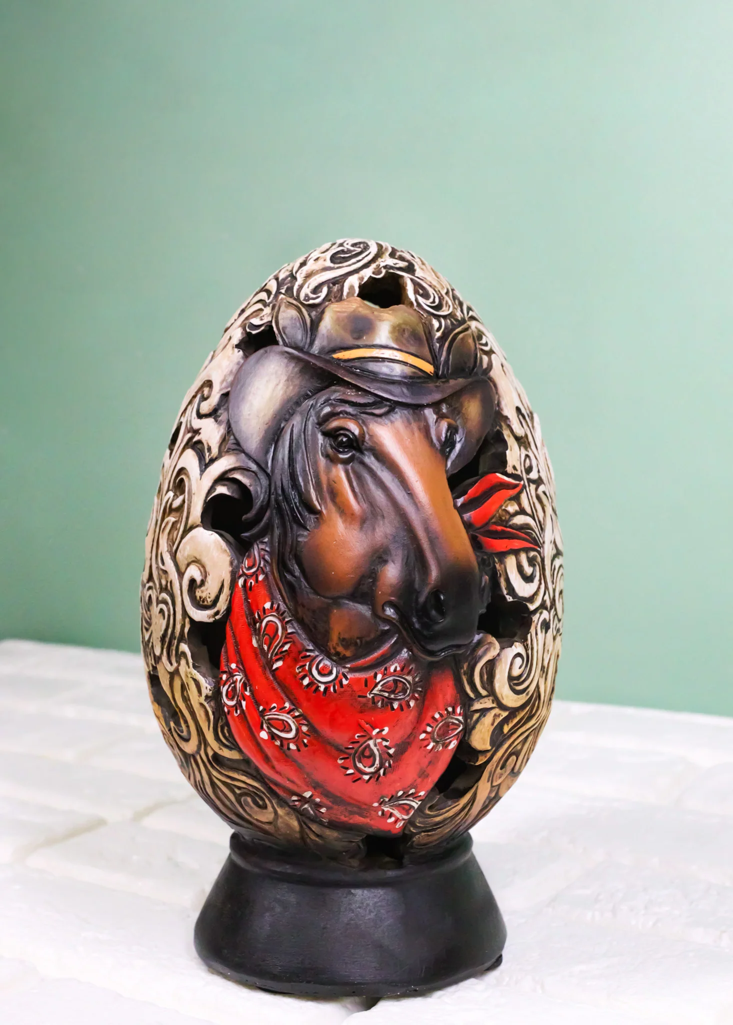Rustic Western Horse With Cowboy Hat and Red Scarf Egg Money Piggy Bank Figurine - Image 9