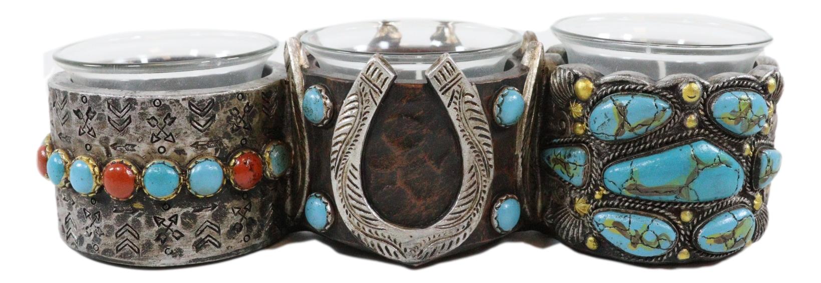 Rustic Western Horseshoe Turquoise Pebble Rocks 3 Votive Candles Holder Accent - Image 6