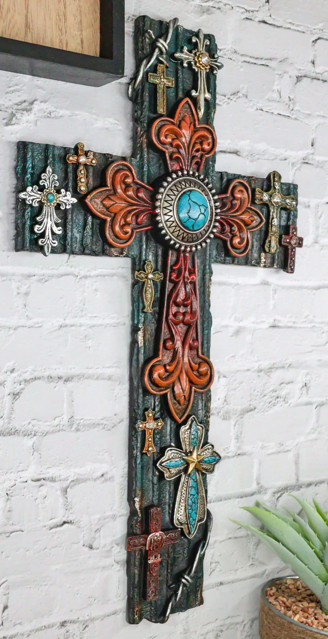 Rustic Western Layered Crosses Fleur De Lis Cowboy Turquoise Tooled Wall Cross - Image 10