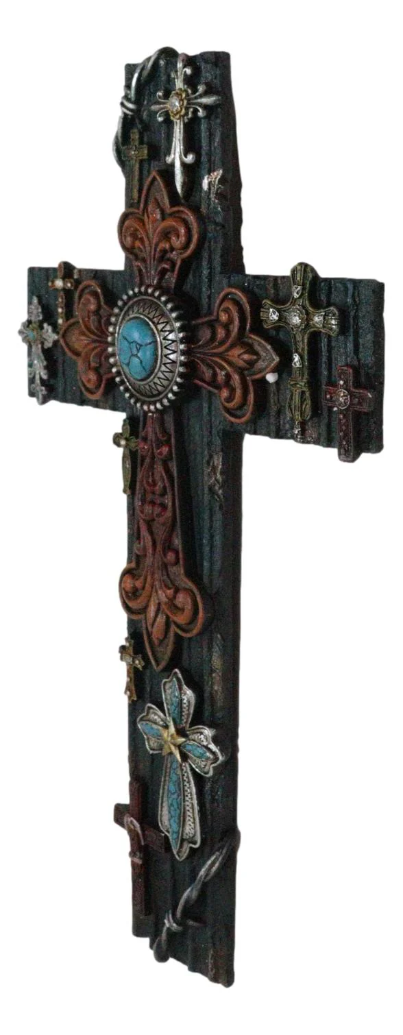 Rustic Western Layered Crosses Fleur De Lis Cowboy Turquoise Tooled Wall Cross - Image 2