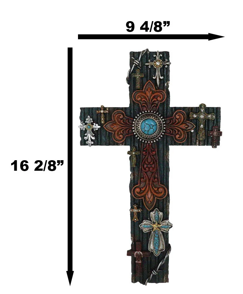Rustic Western Layered Crosses Fleur De Lis Cowboy Turquoise Tooled Wall Cross - Image 3