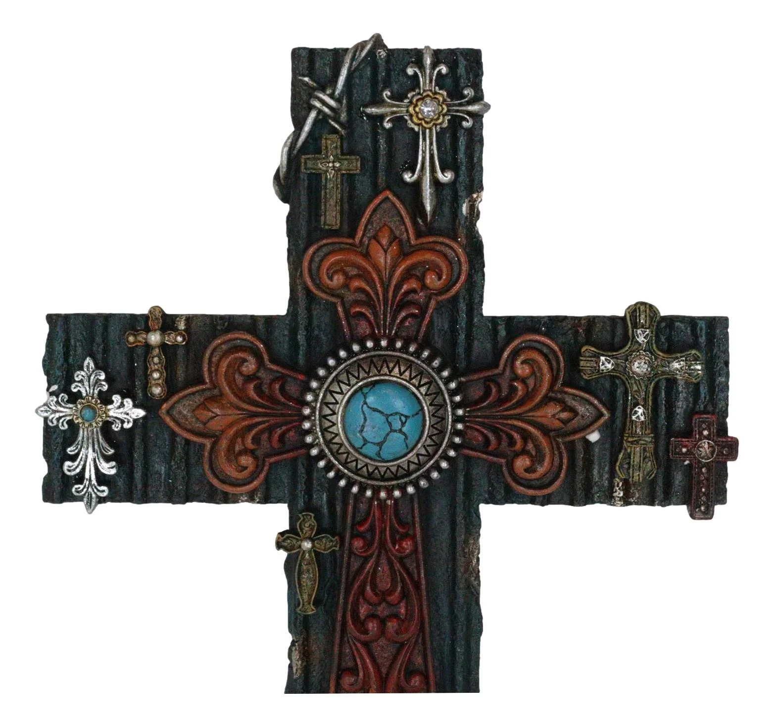 Rustic Western Layered Crosses Fleur De Lis Cowboy Turquoise Tooled Wall Cross - Image 4