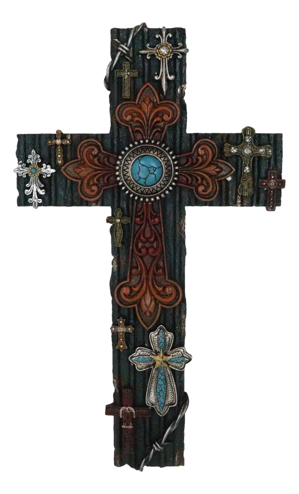 Rustic Western Layered Crosses Fleur De Lis Cowboy Turquoise Tooled Wall Cross - Image 5