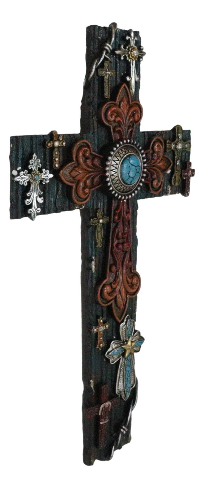 Rustic Western Layered Crosses Fleur De Lis Cowboy Turquoise Tooled Wall Cross - Image 6