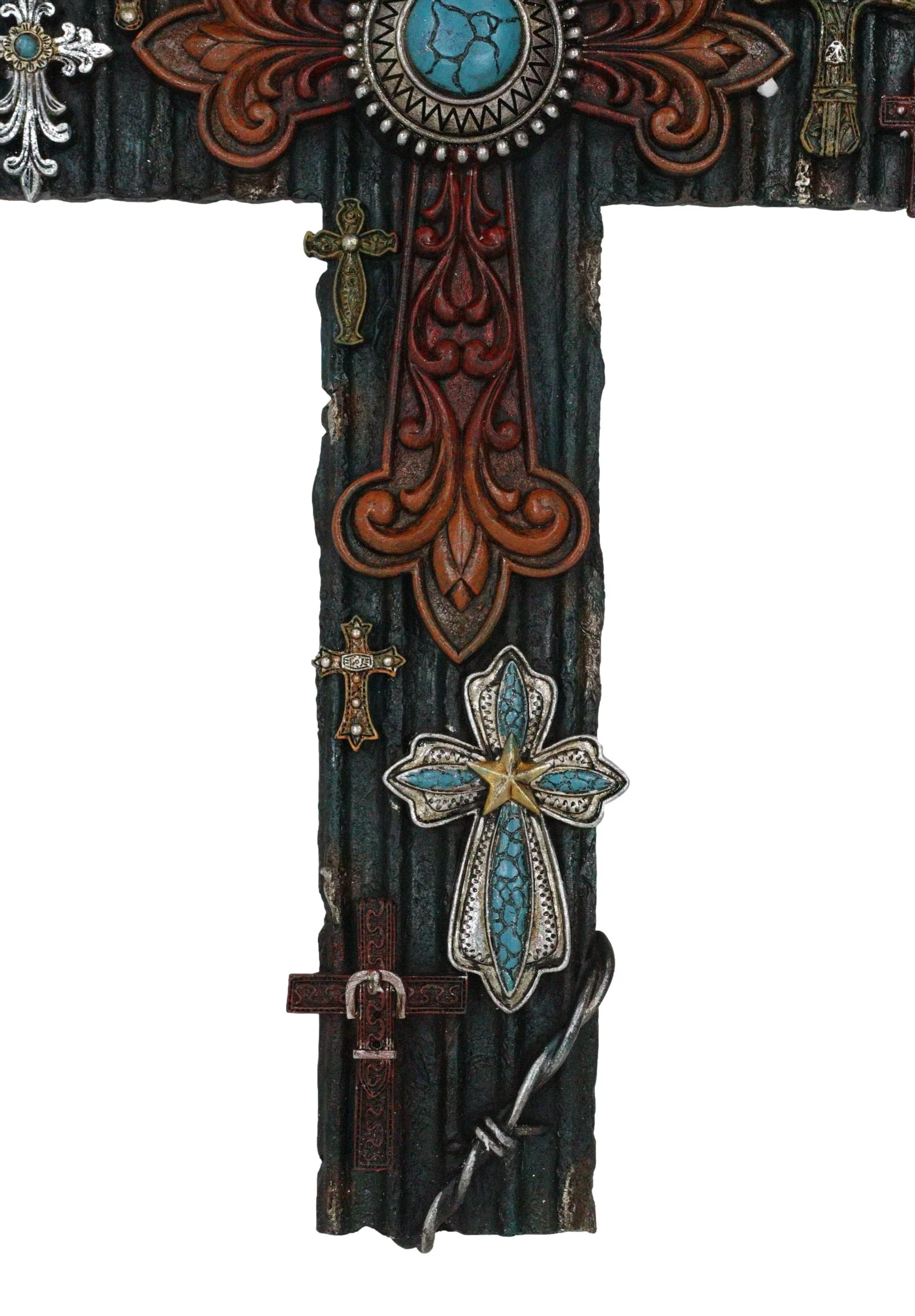 Rustic Western Layered Crosses Fleur De Lis Cowboy Turquoise Tooled Wall Cross - Image 7