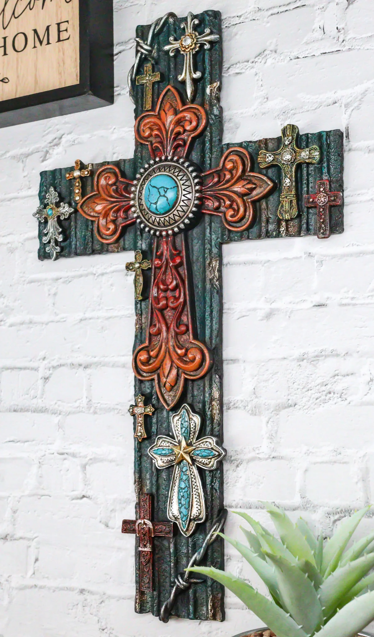 Rustic Western Layered Crosses Fleur De Lis Cowboy Turquoise Tooled Wall Cross - Image 9