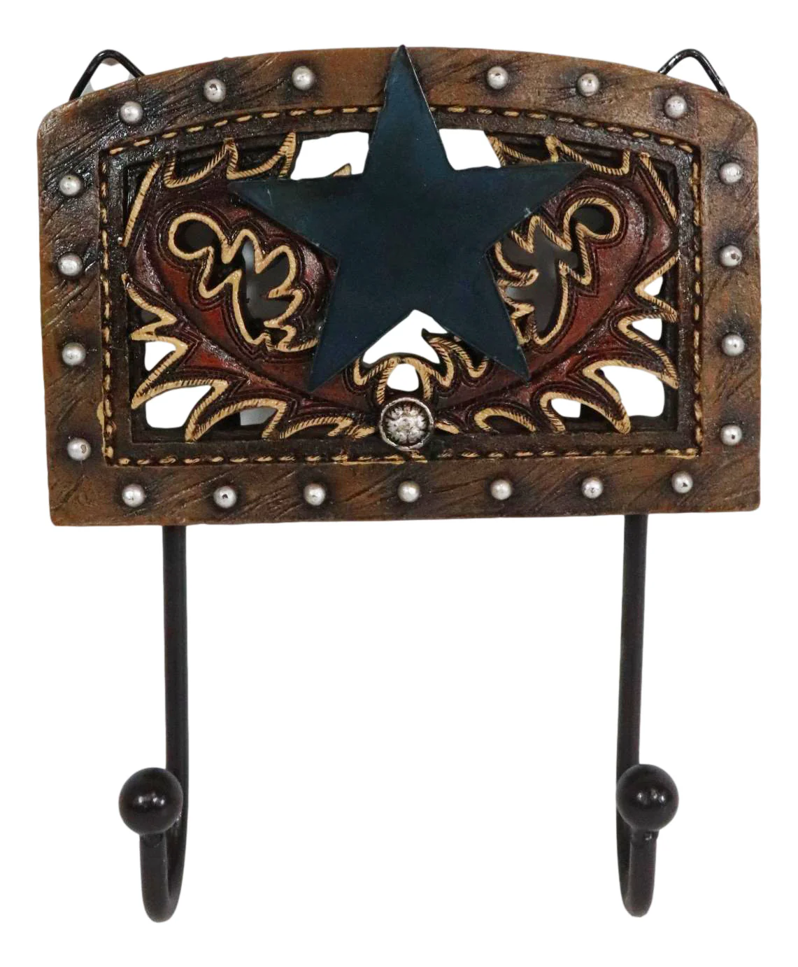 Rustic Western Lone Star Tooled Leather Bootcut Patterns 2-Peg Wall Hooks Decor - Image 5