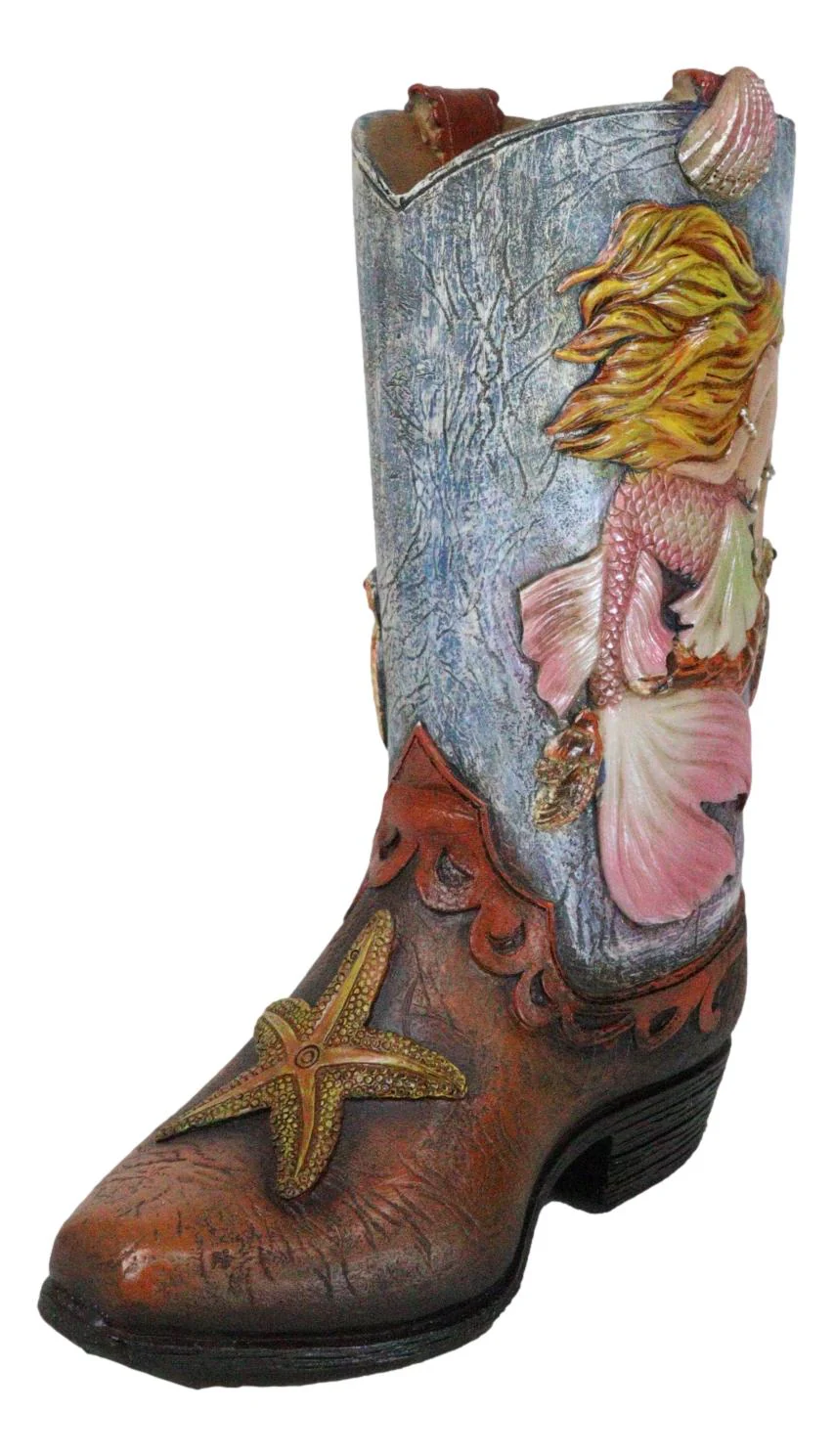 Rustic Western Mermaid Starfish And Sea Turtle Cowgirl Boot Utensils Flower Vase - Image 7