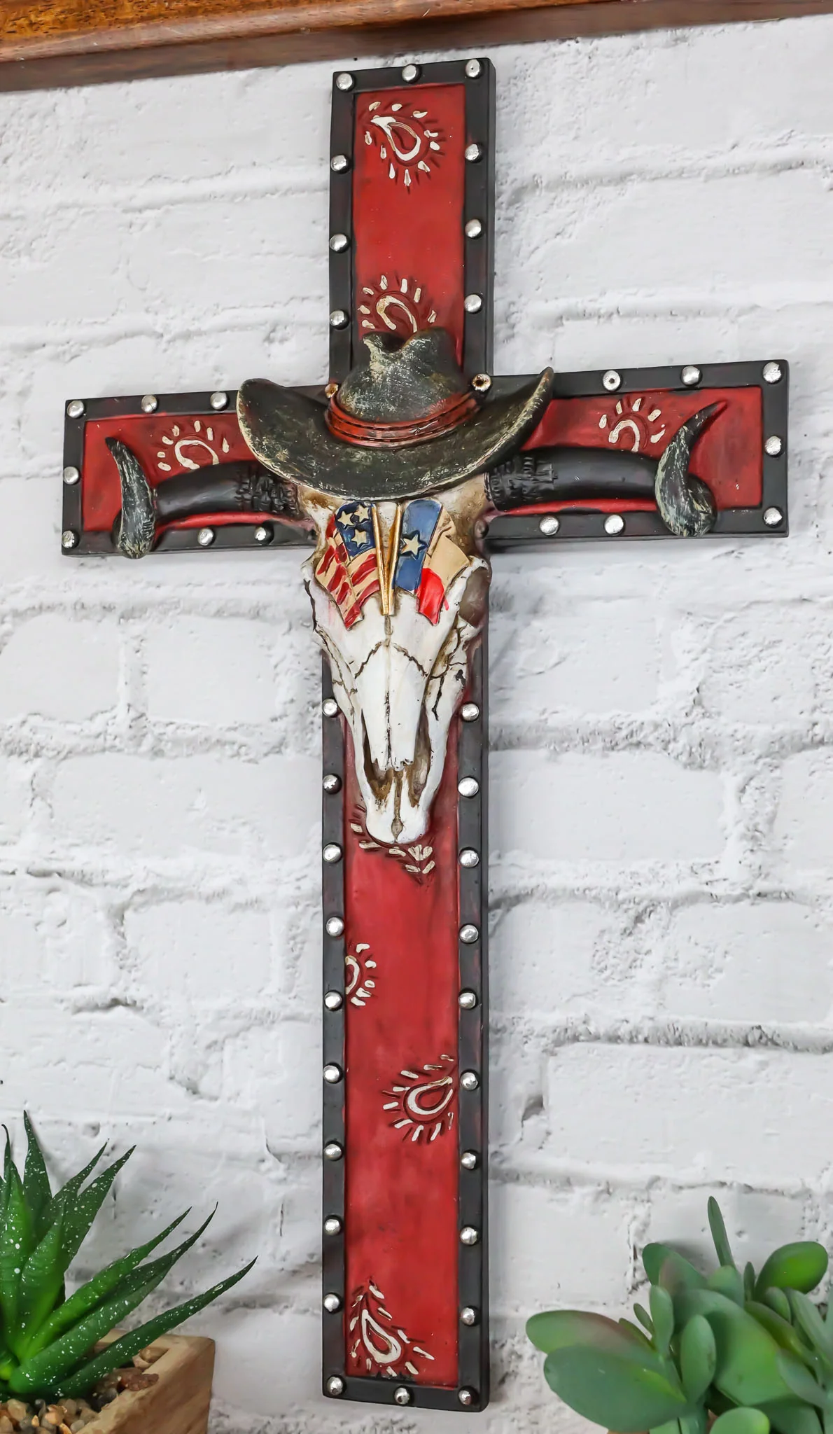 Rustic Western Patriotic Longhorn Cow Skull With USA Texas Flags Hat Wall Cross - Image 10