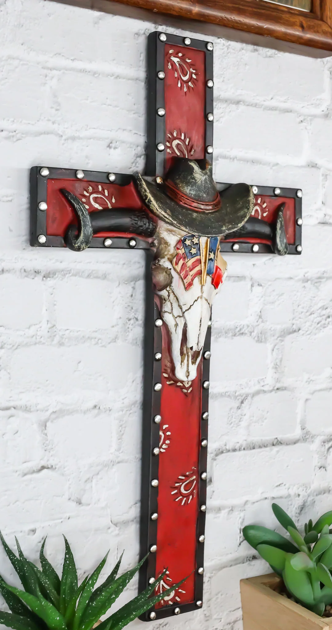 Rustic Western Patriotic Longhorn Cow Skull With USA Texas Flags Hat Wall Cross - Image 11