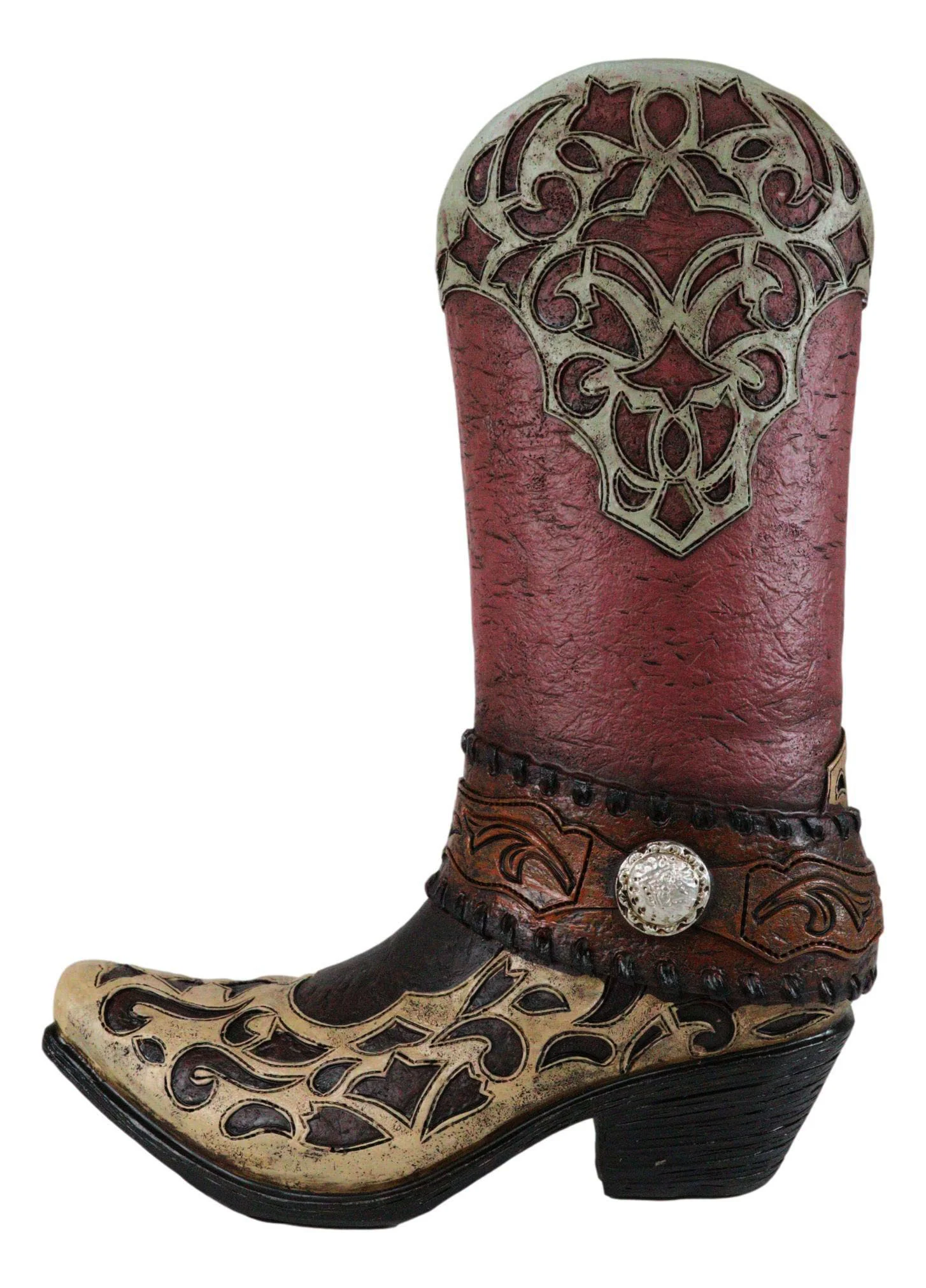 Rustic Western Red Brown Tooled Leather Scroll Lace Patterns Boot Floral Vase - Image 2