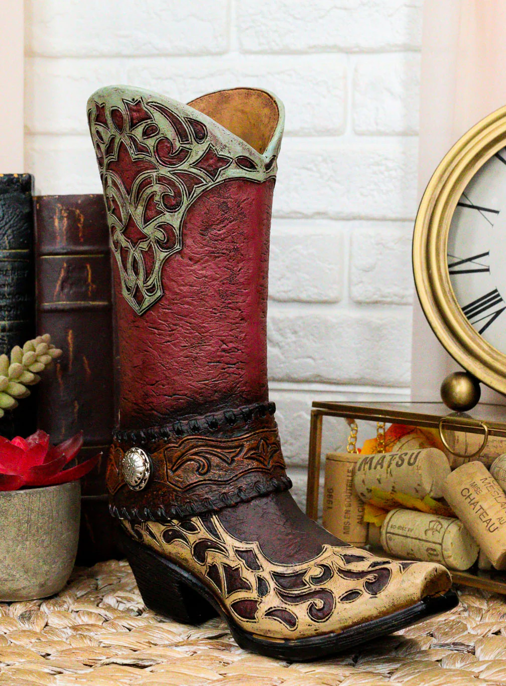 Rustic Western Red Brown Tooled Leather Scroll Lace Patterns Boot Floral Vase - Image 6