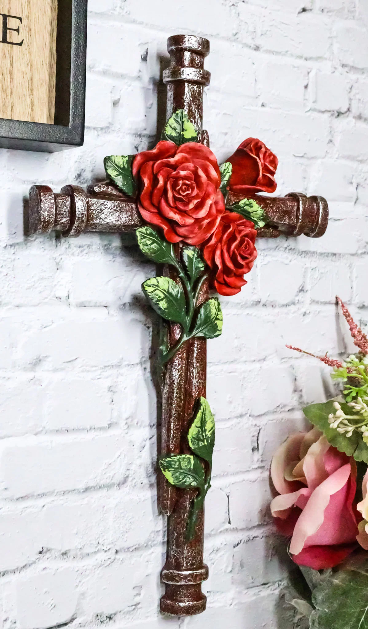 Rustic Western Romantic Red Roses Vine Roman Spike Nails Decorative Wall Cross - Image 8