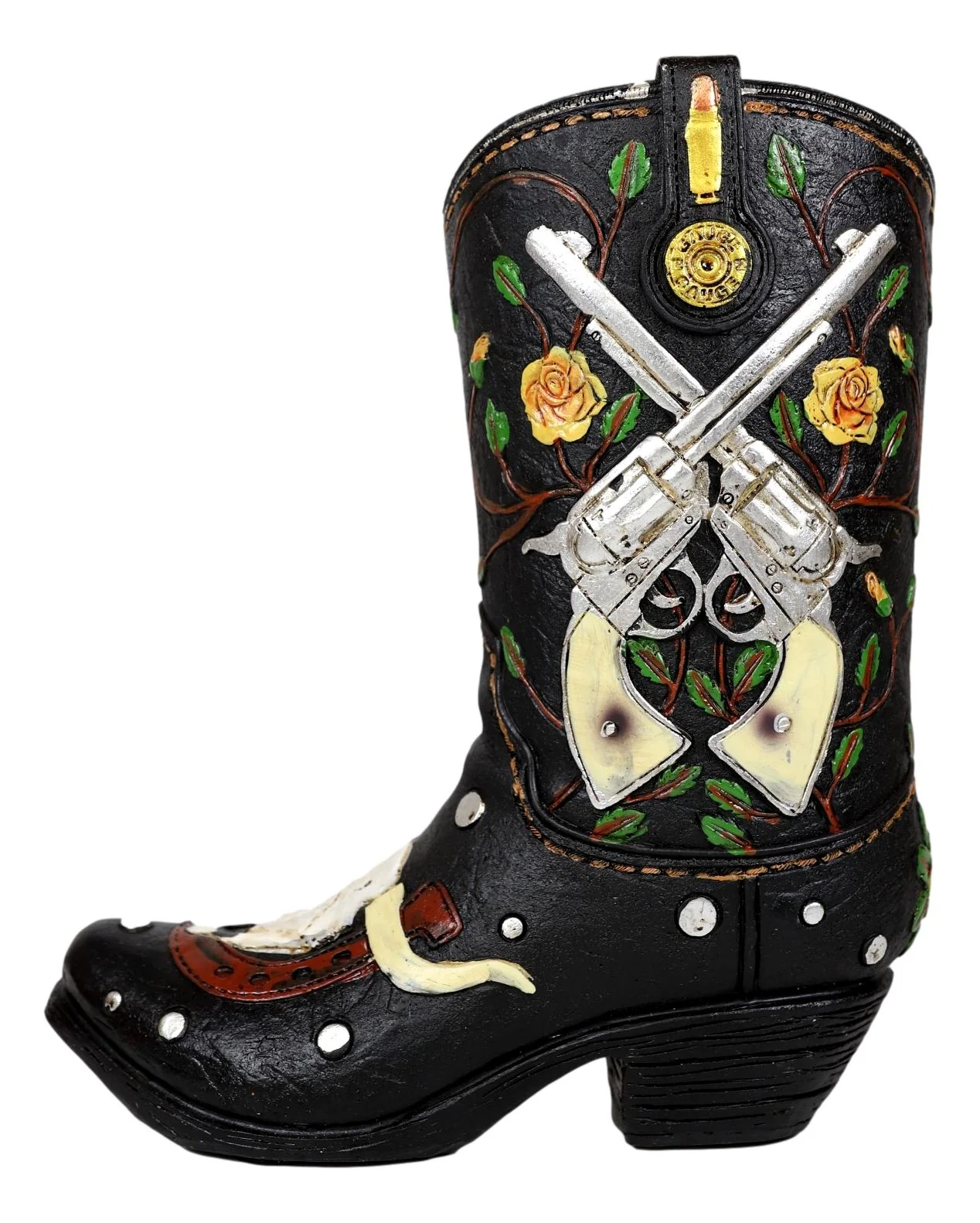 Rustic Western Roses 2 Pistols Horseshoe Cow Skull Cowboy Boot Piggy Money Bank - Image 2
