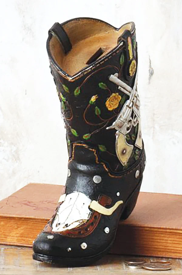 Rustic Western Roses 2 Pistols Horseshoe Cow Skull Cowboy Boot Piggy Money Bank - Image 3