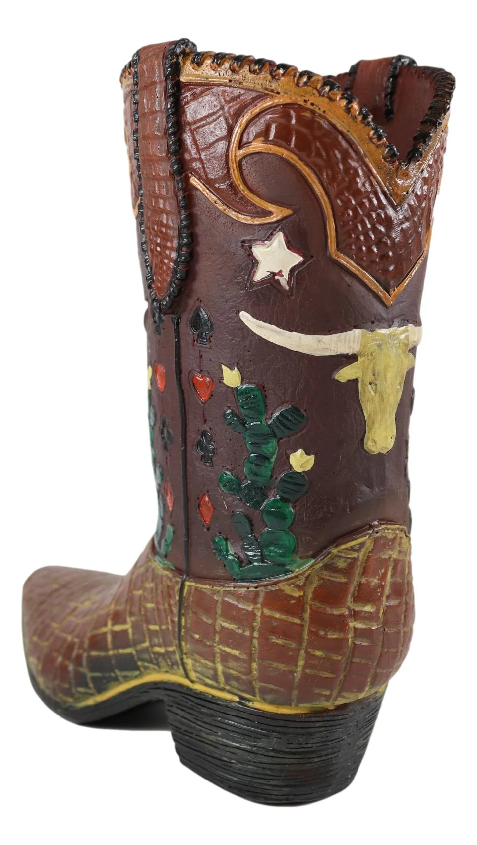 Rustic Western Texas Longhorn Faux Crocodile Prints Cowboy Boot Vase Figurine - Image 2