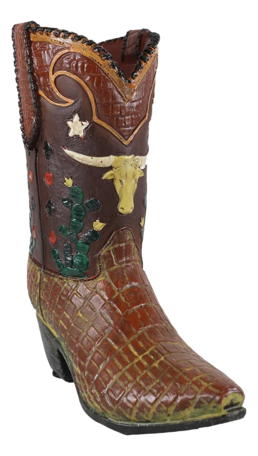 Rustic Western Texas Longhorn Faux Crocodile Prints Cowboy Boot Vase Figurine - Image 5
