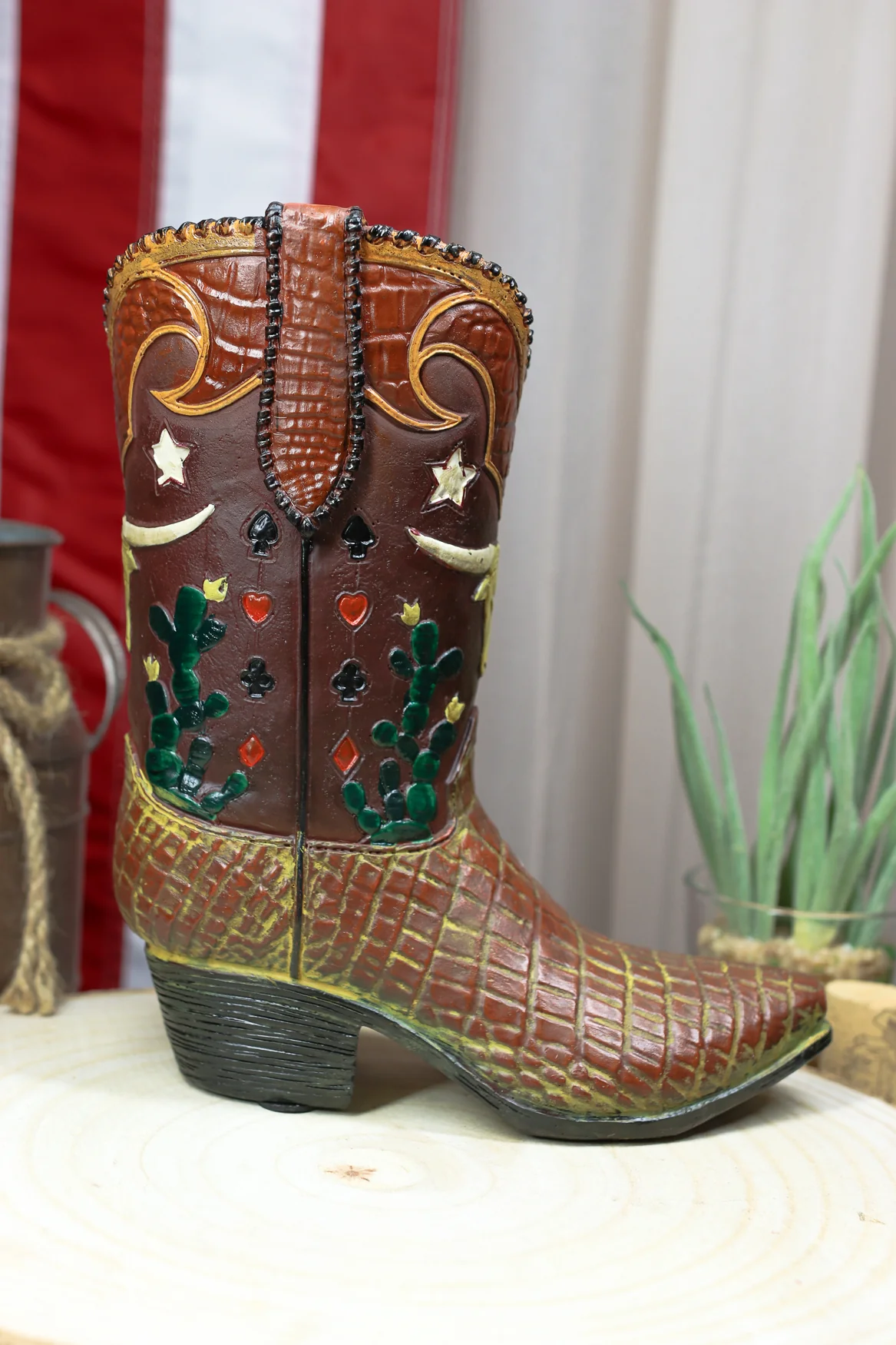 Rustic Western Texas Longhorn Faux Crocodile Prints Cowboy Boot Vase Figurine - Image 7