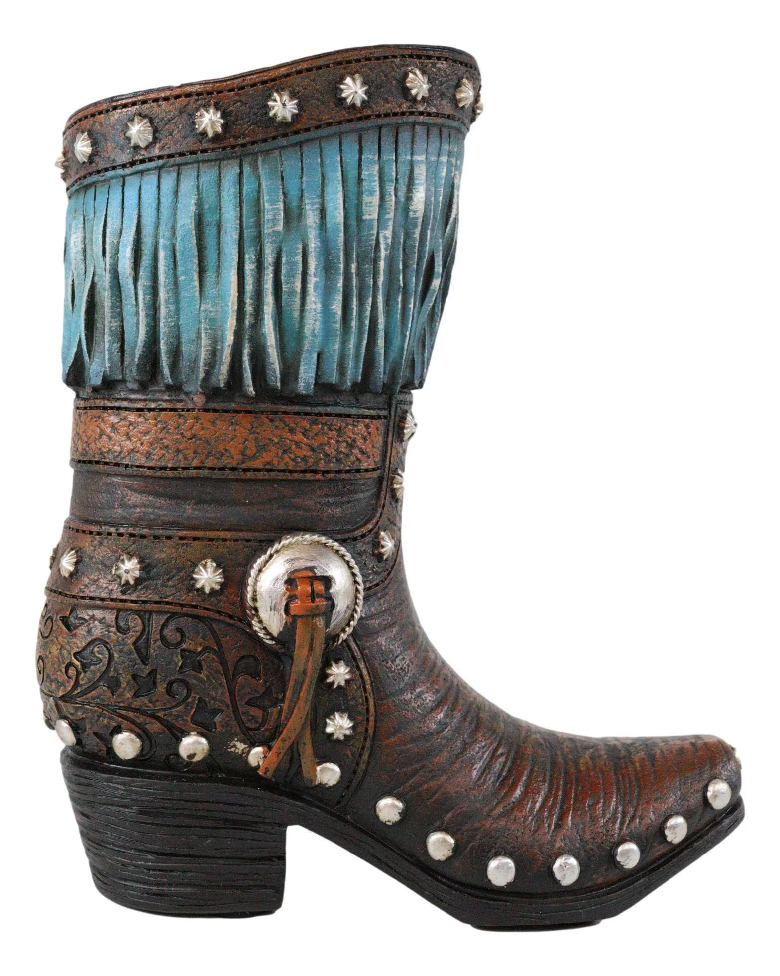 Rustic Western Tooled Leather Lace Patterns Boot Floral Vase With Blue Fringes - Image 4