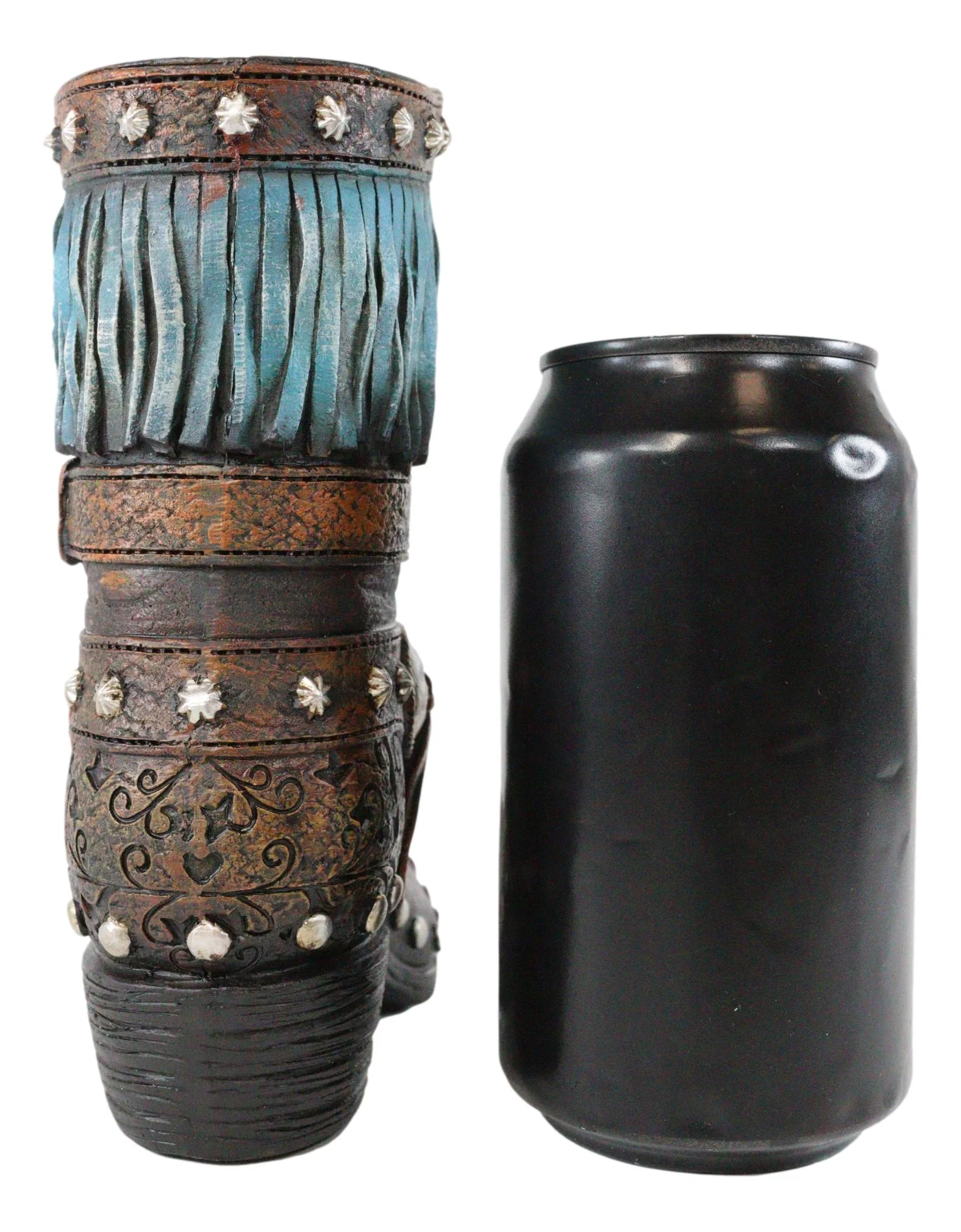 Rustic Western Tooled Leather Lace Patterns Boot Floral Vase With Blue Fringes - Image 5