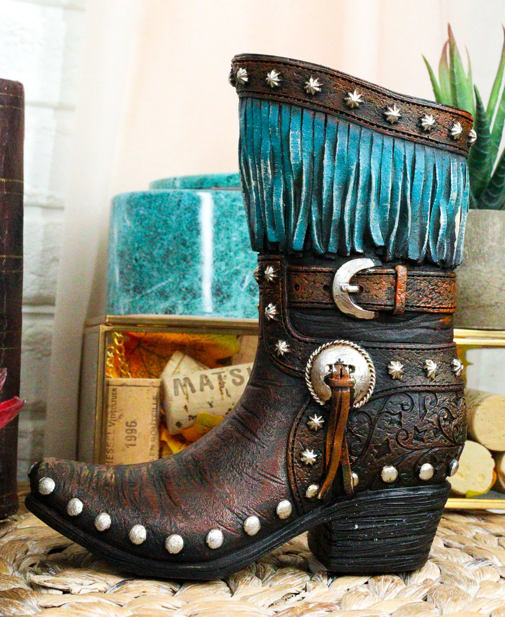 Rustic Western Tooled Leather Lace Patterns Boot Floral Vase With Blue Fringes - Image 6