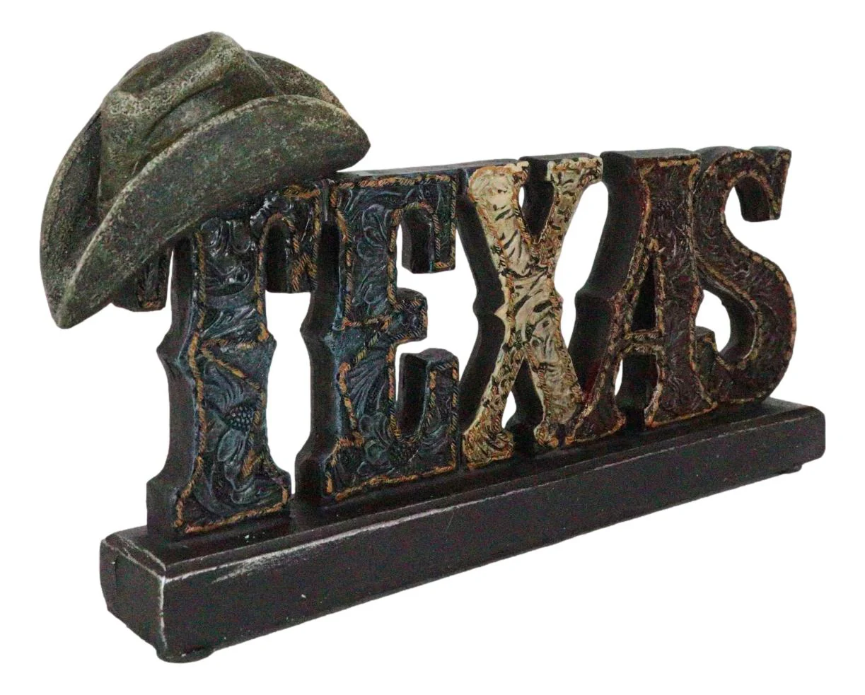 Rustic Western Tooled Leather Texas Word Cowboy Hat Desktop Plaque Figurine - Image 9
