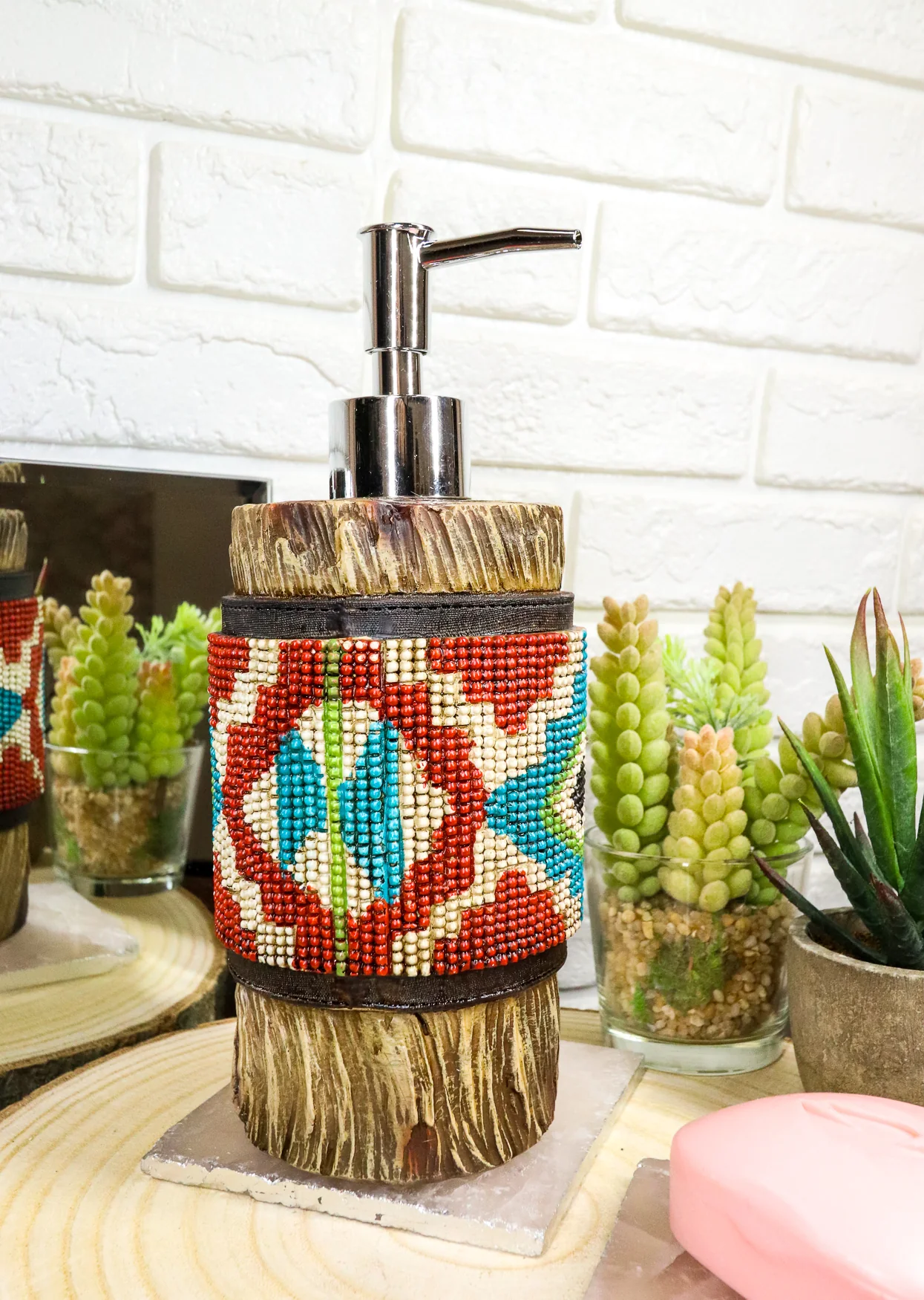 Rustic Western Turquoise Aztec Pattern Faux Wood Liquid Soap Pump Dispenser - Image 5