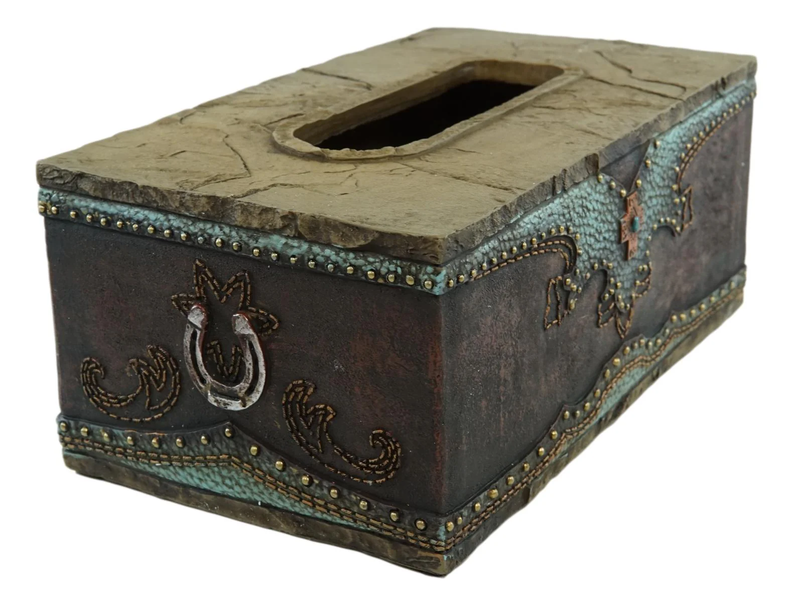 Rustic Western Turquoise Cowboy Lucky Horseshoes & Cross Tissue Box Holder Case - Image 2