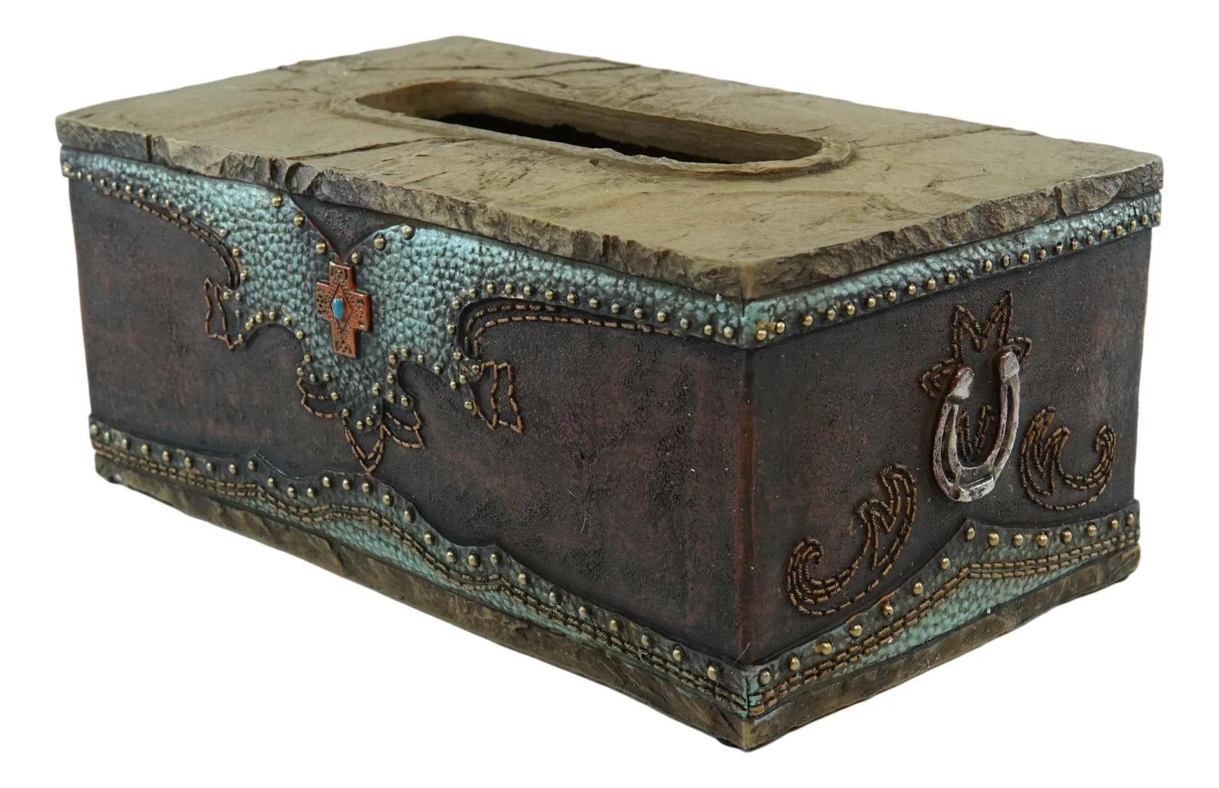 Rustic Western Turquoise Cowboy Lucky Horseshoes & Cross Tissue Box Holder Case - Image 3