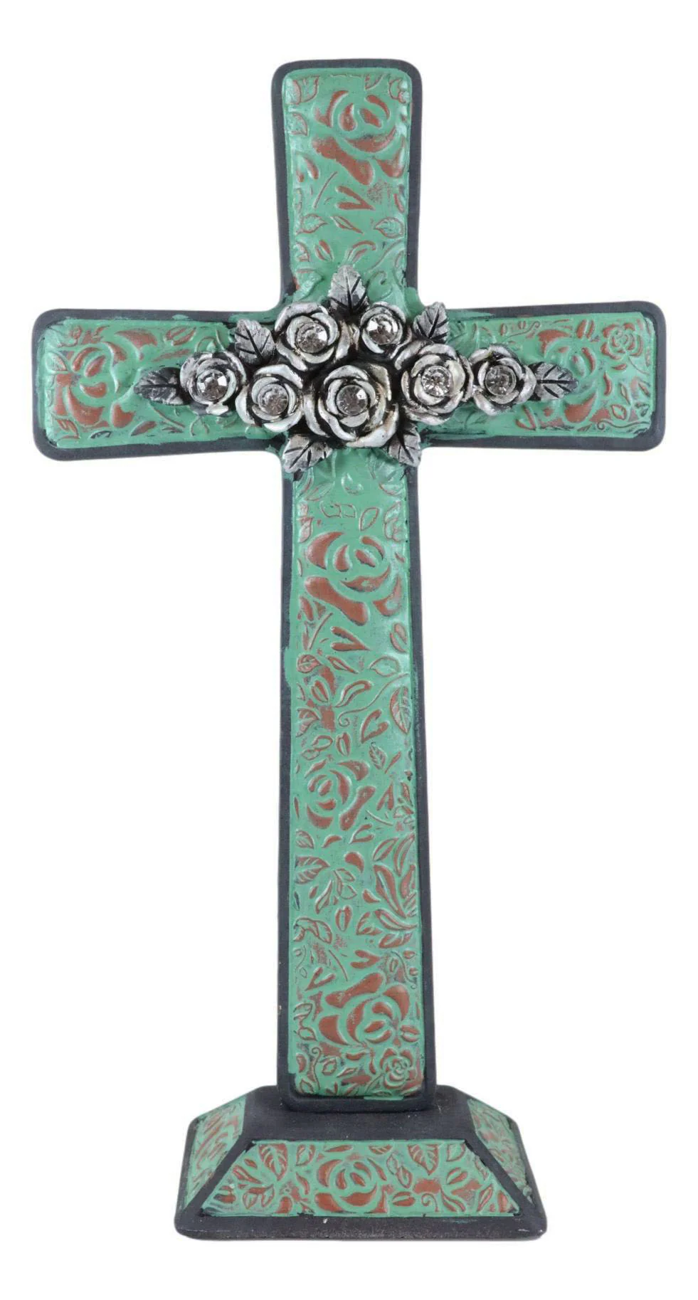 Rustic Western Turquoise Floral Scroll With Silver Roses Standing Cross Statue - Image 2