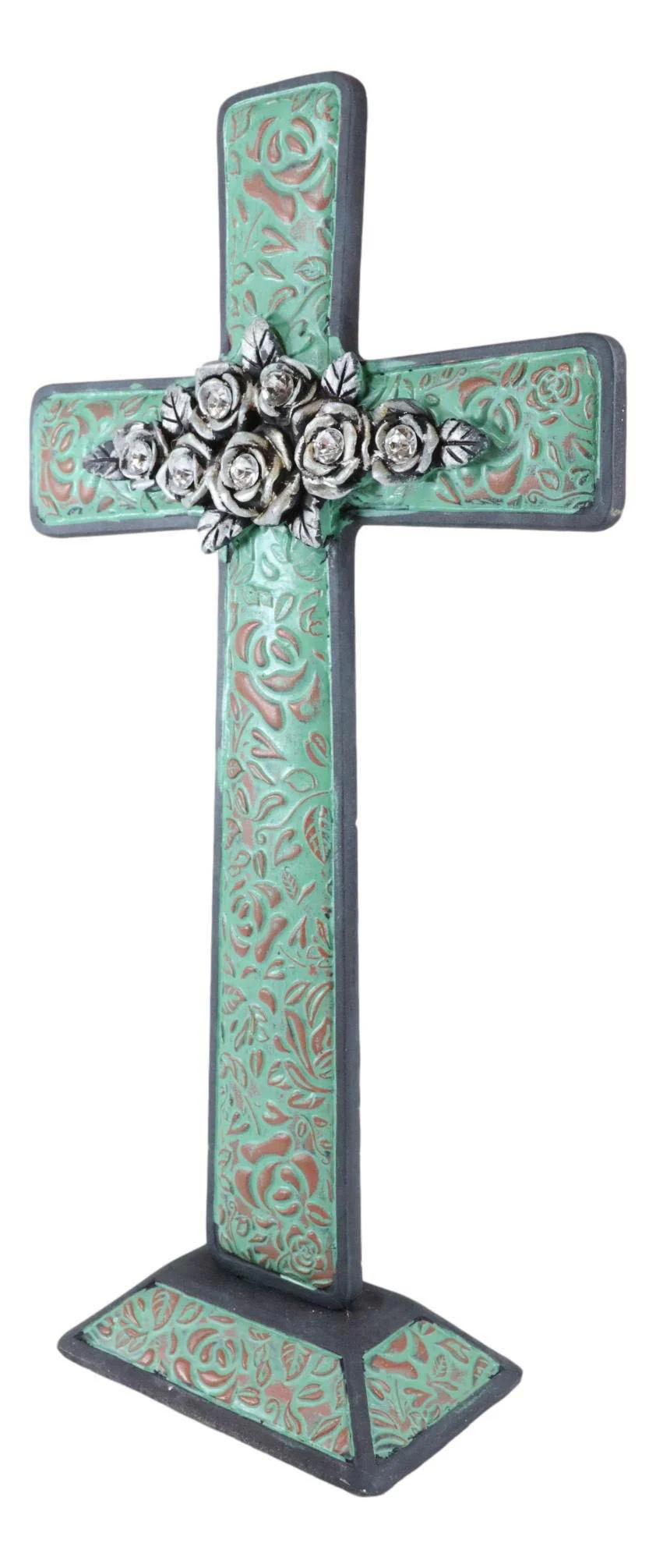 Rustic Western Turquoise Floral Scroll With Silver Roses Standing Cross Statue - Image 3