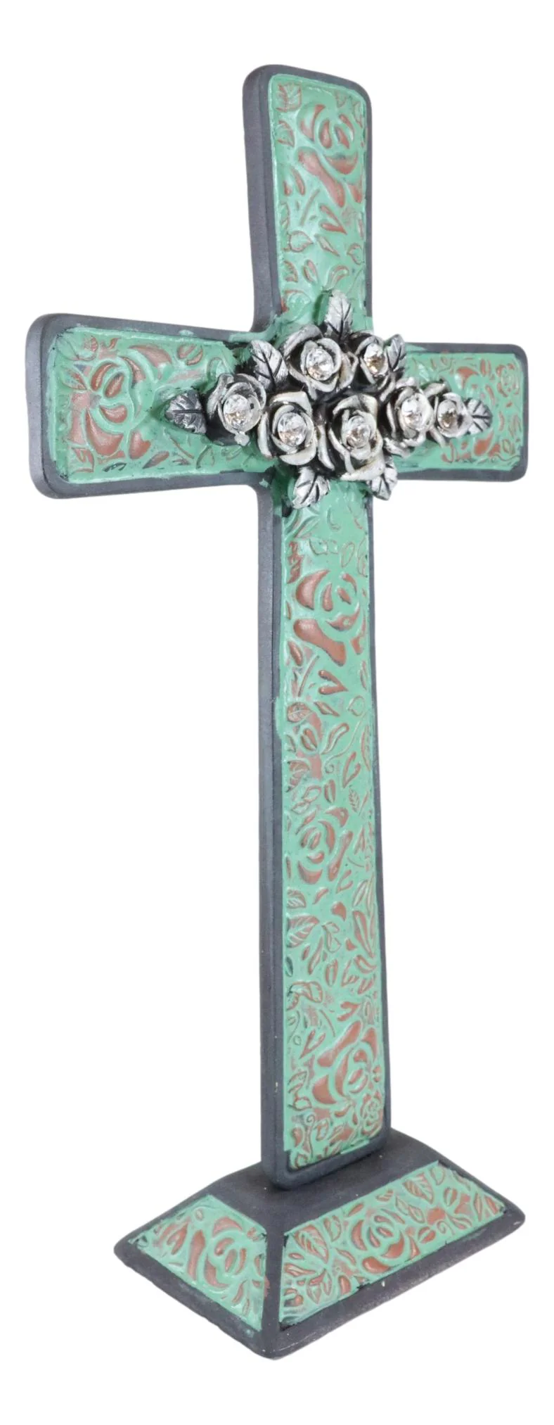 Rustic Western Turquoise Floral Scroll With Silver Roses Standing Cross Statue - Image 4