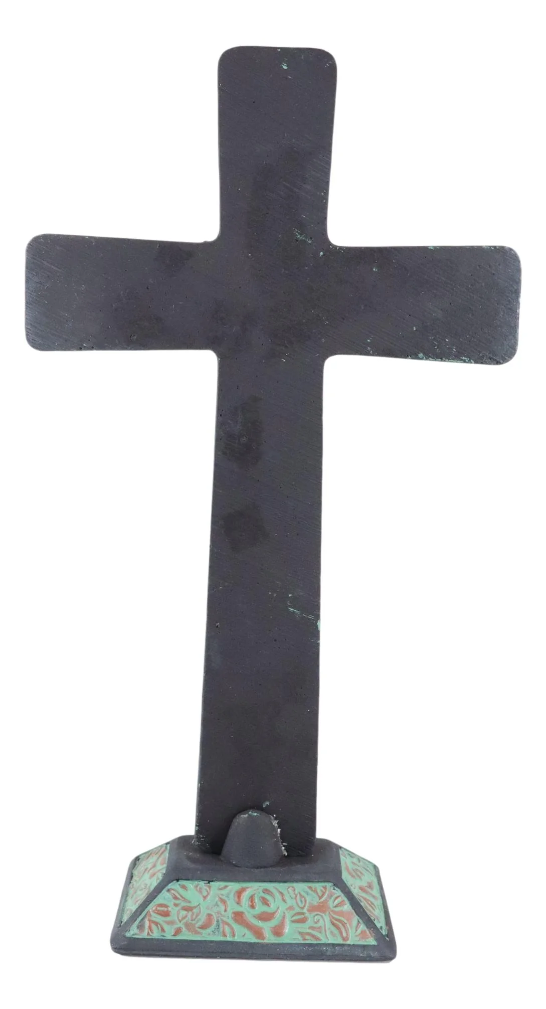 Rustic Western Turquoise Floral Scroll With Silver Roses Standing Cross Statue - Image 5