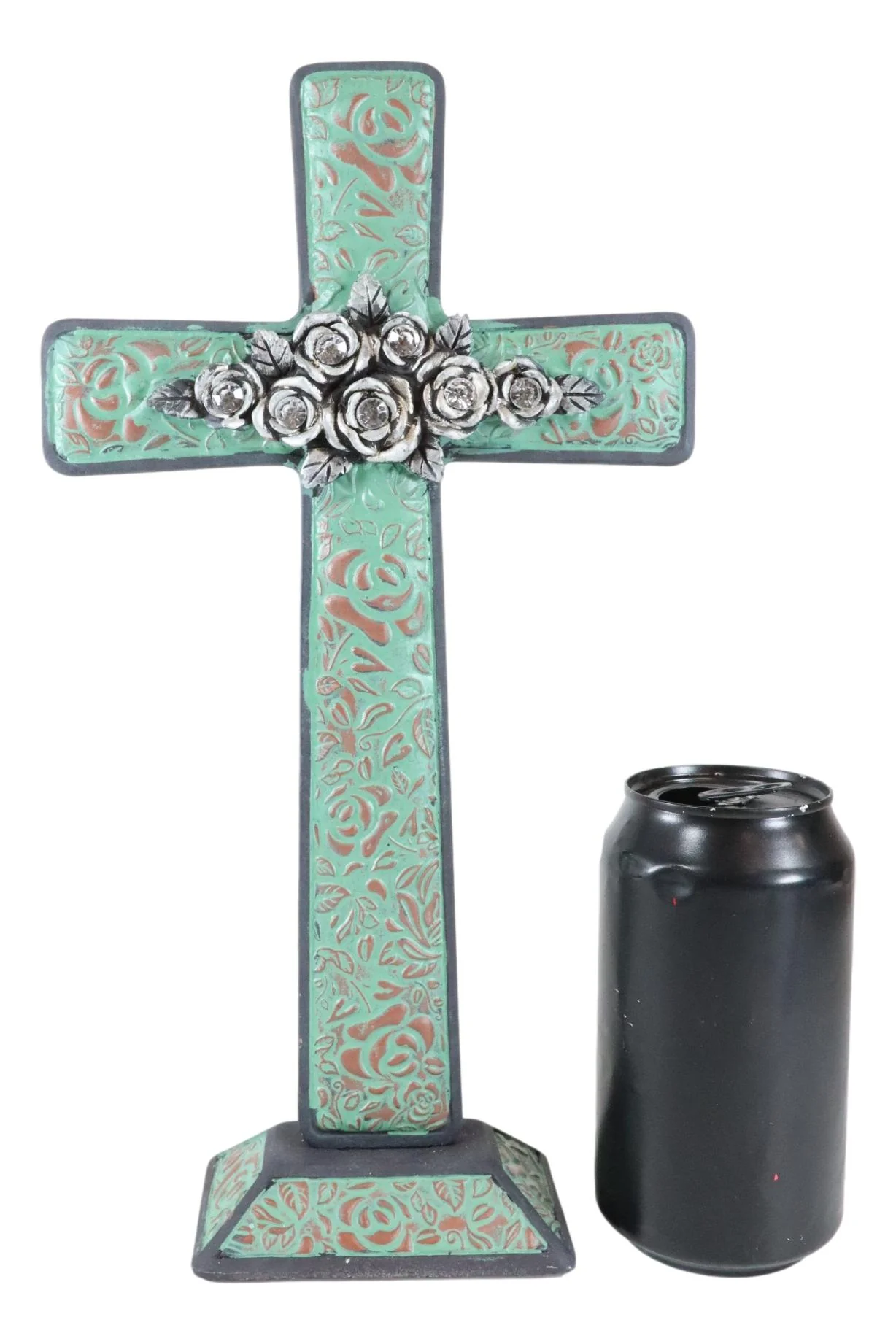 Rustic Western Turquoise Floral Scroll With Silver Roses Standing Cross Statue - Image 6