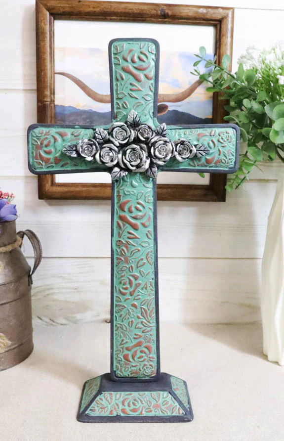 Rustic Western Turquoise Floral Scroll With Silver Roses Standing Cross Statue - Image 7