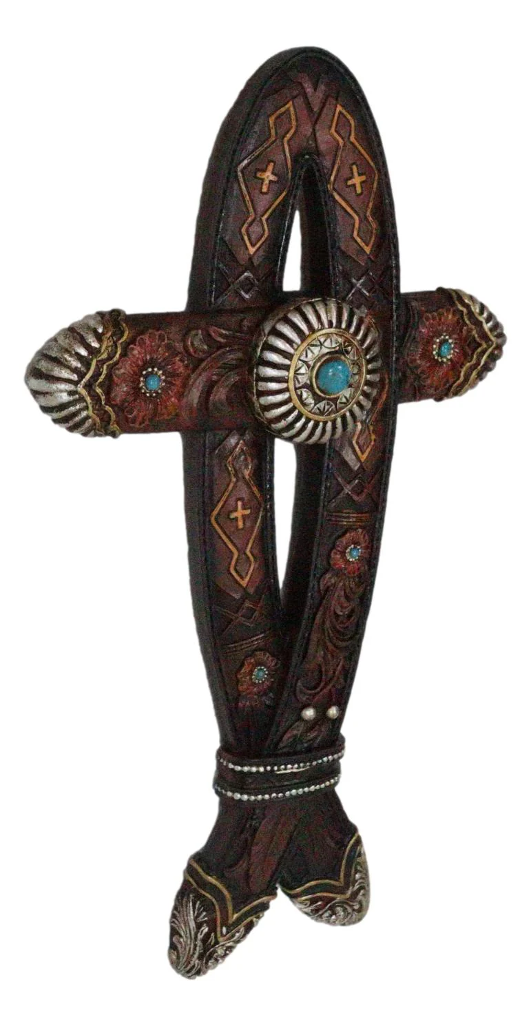Rustic Western Turquoise Gem Concho Tooled Leather Belt Ichthys Fish Wall Cross - Image 4