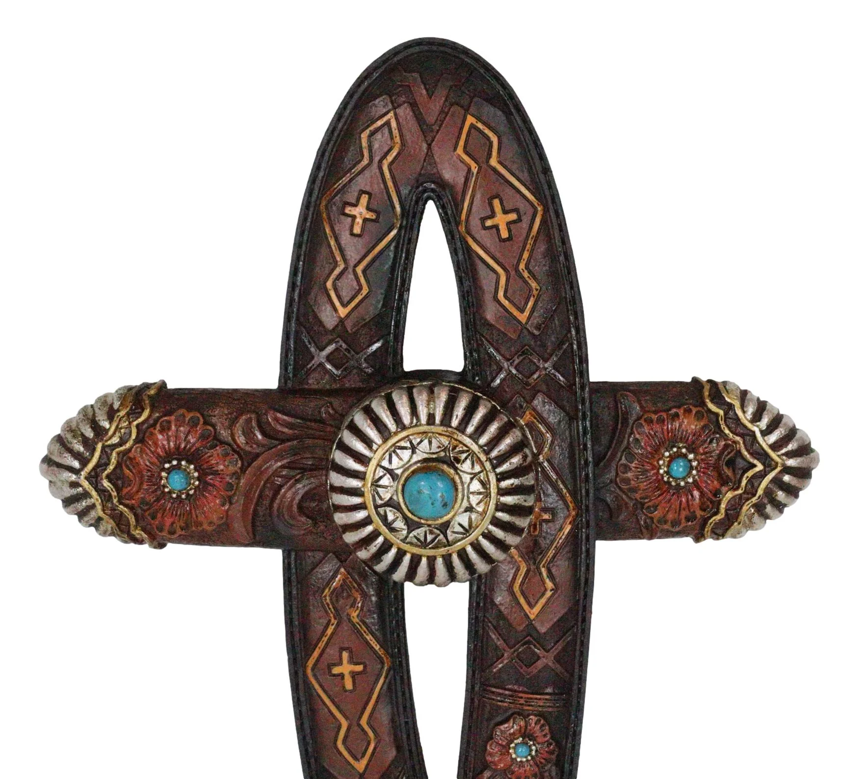 Rustic Western Turquoise Gem Concho Tooled Leather Belt Ichthys Fish Wall Cross - Image 5