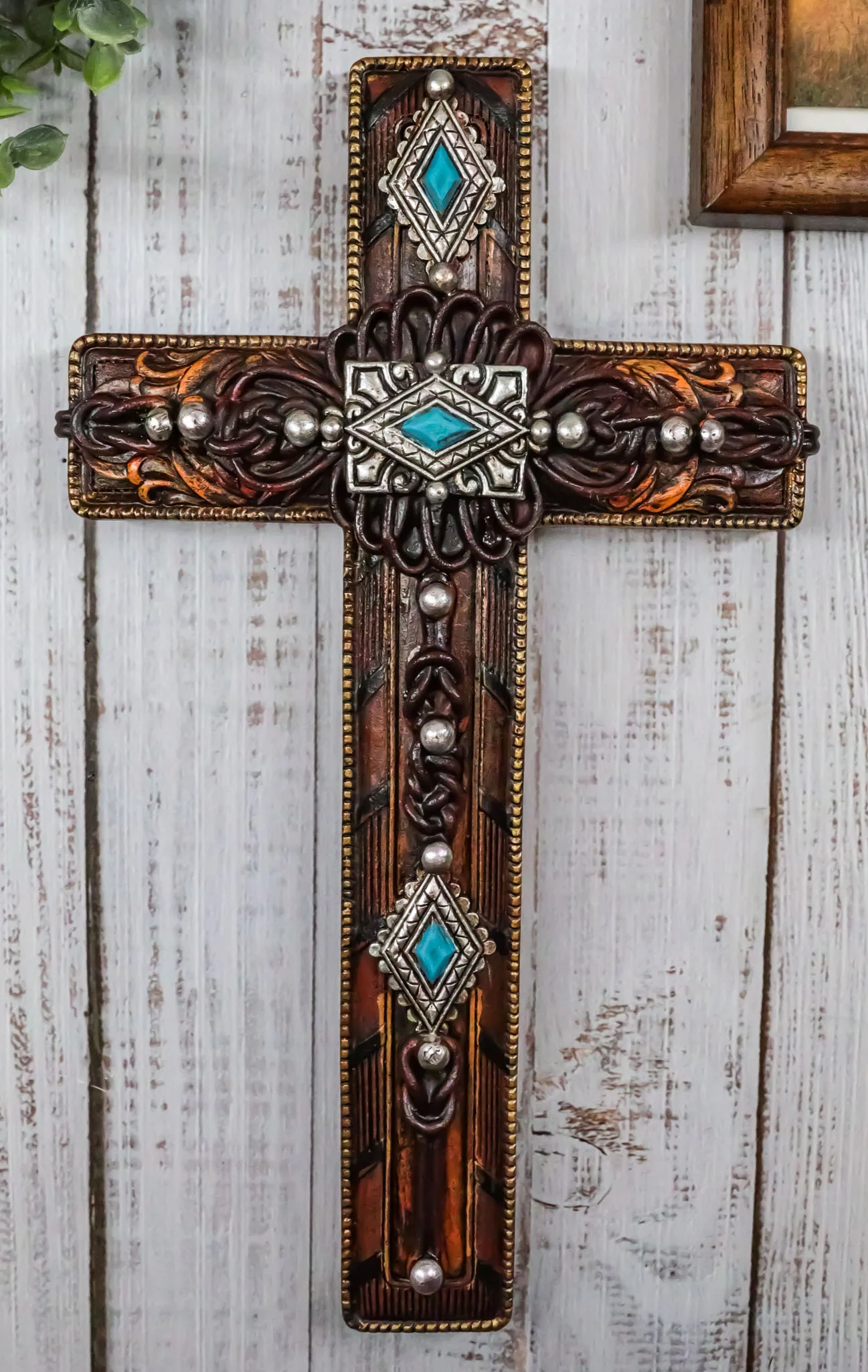 Rustic Western Turquoise Gems Silver Conchos Tooled Leather Wall Cross Decor
