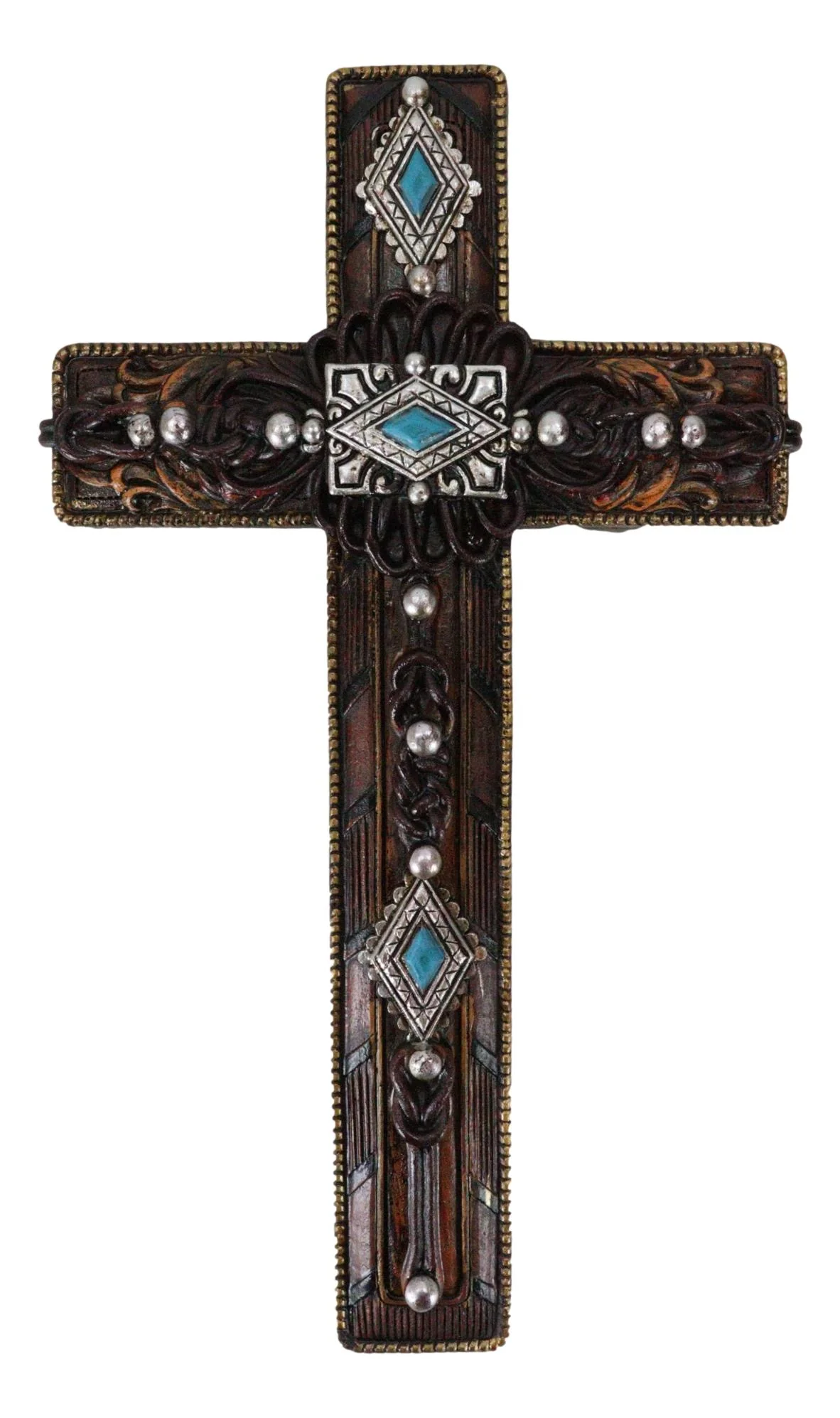 Rustic Western Turquoise Gems Silver Conchos Tooled Leather Wall Cross Decor - Image 2